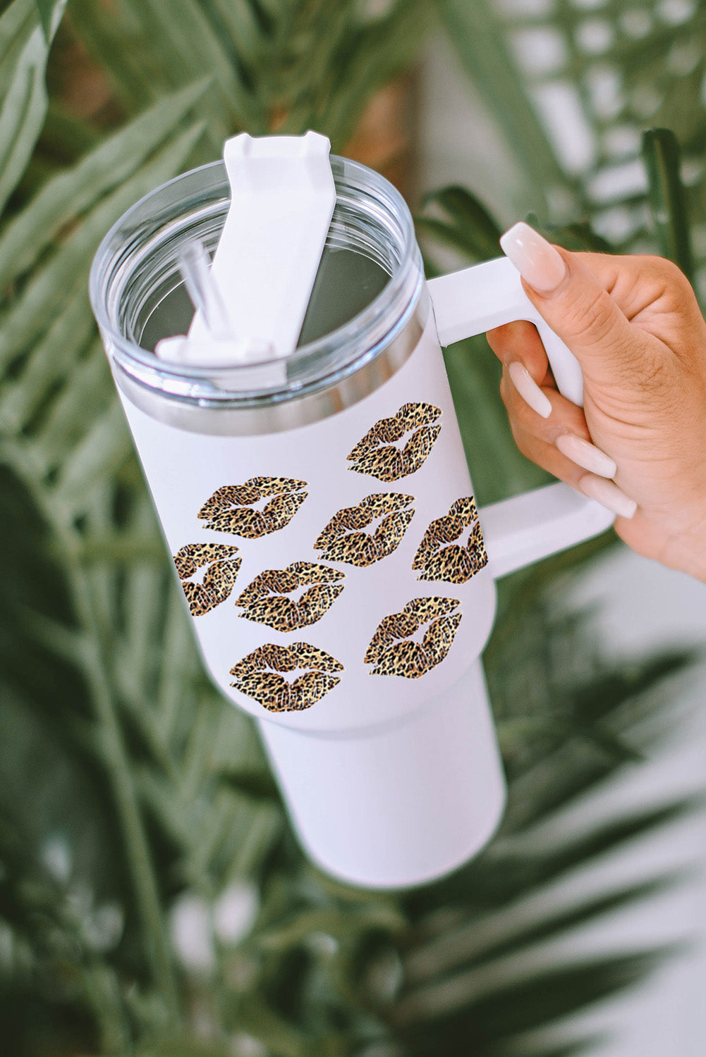 White Valentine Leopard Lips Print Thermos Cup With Straw 40oz-Accessories/Tumblers-[Adult]-[Female]-2022 Online Blue Zone Planet