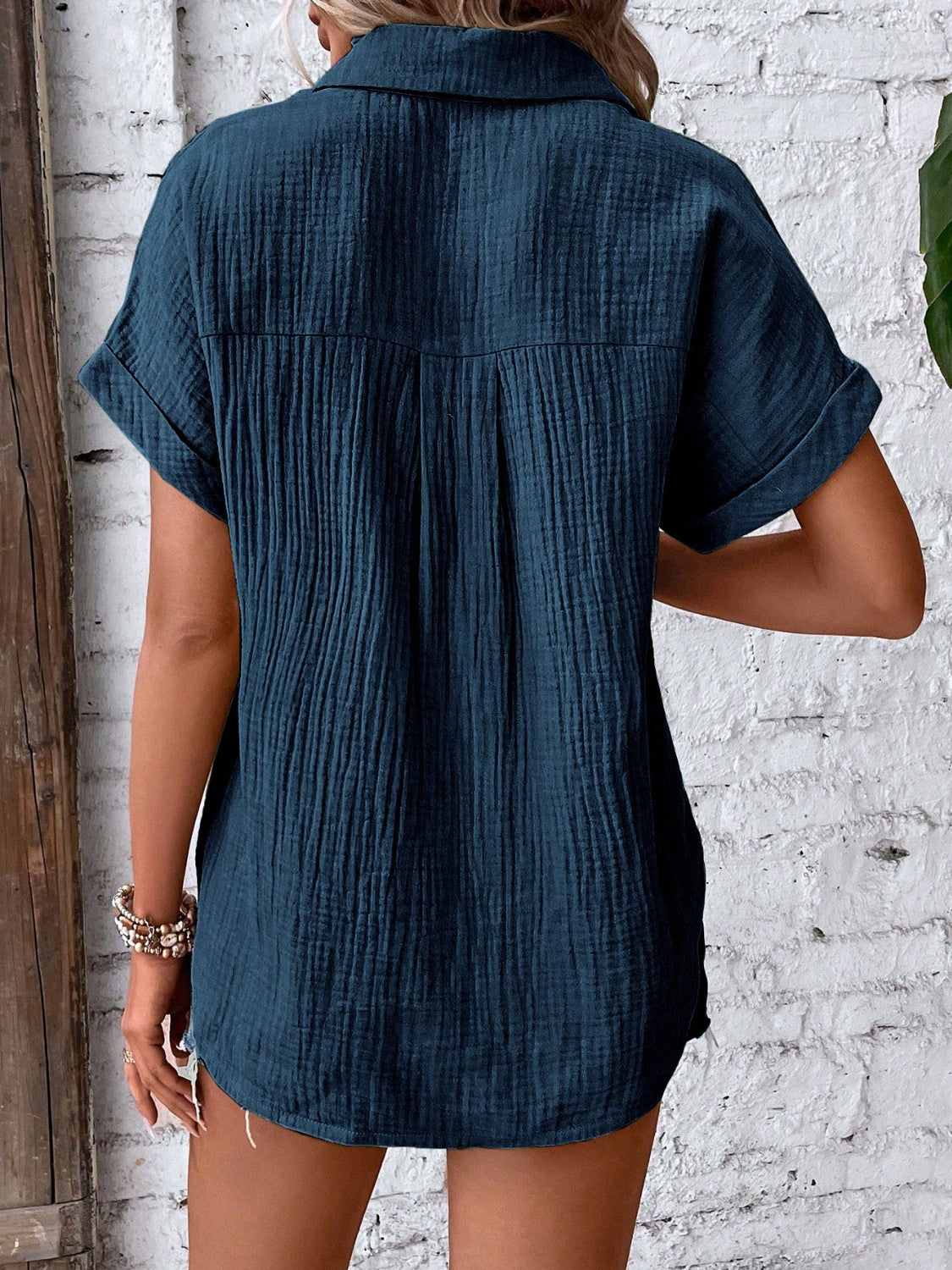 Lovelet Textured Button Up Short Sleeve Shirt-TOPS / DRESSES-[Adult]-[Female]-2022 Online Blue Zone Planet