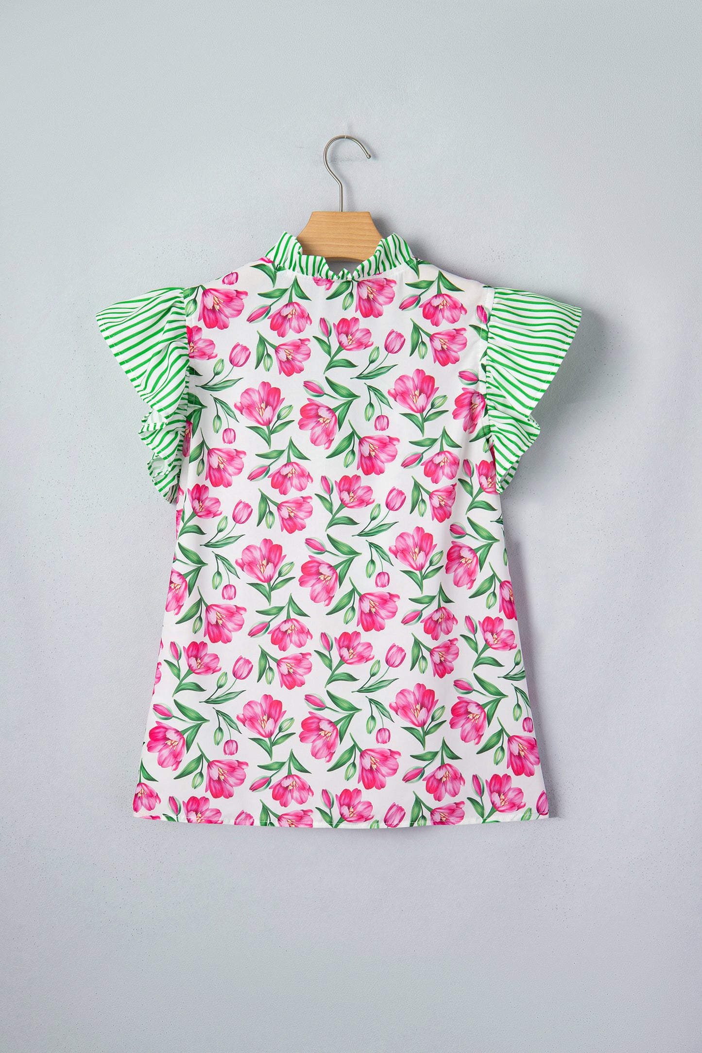 Multicolour Sweet Floral Print Striped Ruffle Trim V Neck Blouse-Tops/Blouses & Shirts-[Adult]-[Female]-2022 Online Blue Zone Planet