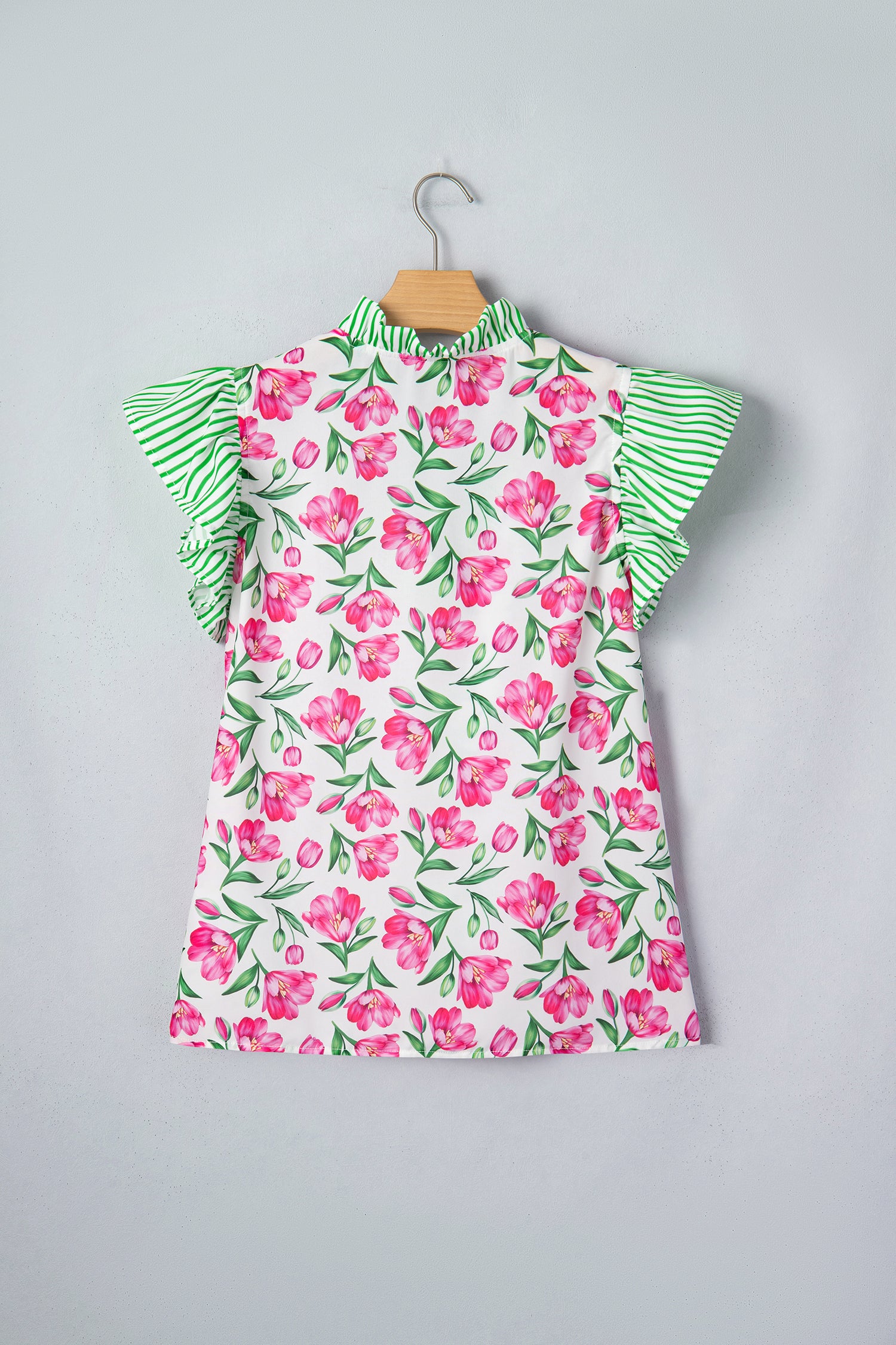 Multicolour Sweet Floral Print Striped Ruffle Trim V Neck Blouse-Tops/Blouses & Shirts-[Adult]-[Female]-2022 Online Blue Zone Planet