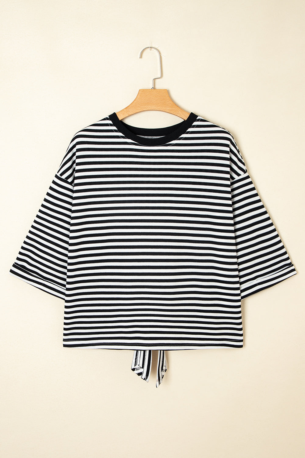 Black Stripe Bowknot Cutout Back Drop Shoulder Wide Bracelet Sleeve Loose Tee-Bracelet-[Adult]-[Female]-2022 Online Blue Zone Planet