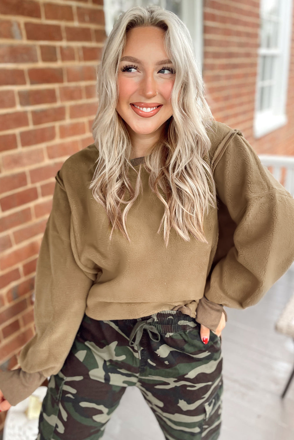 Dark Khaki Fuzzy Sherpa Splicing Pullover Sweatshirt with Side Slit-Tops/Sweatshirts & Hoodies-[Adult]-[Female]-2022 Online Blue Zone Planet