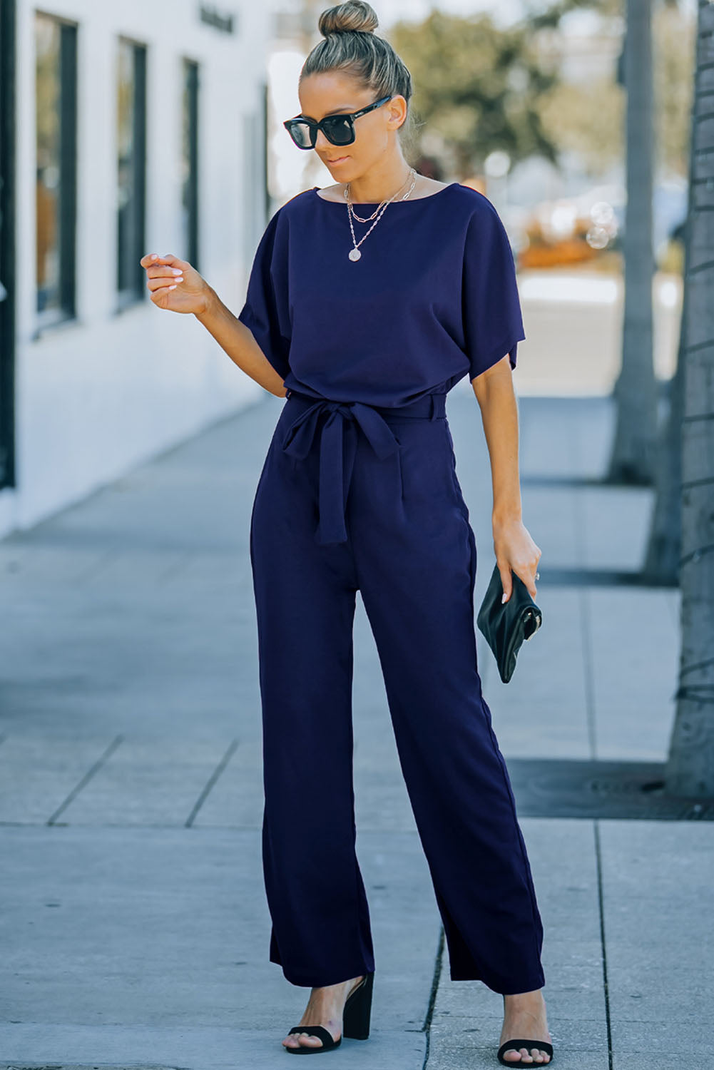 Blue Belted Wide Leg Jumpsuit-Bottoms/Jumpsuits & Rompers-[Adult]-[Female]-2022 Online Blue Zone Planet