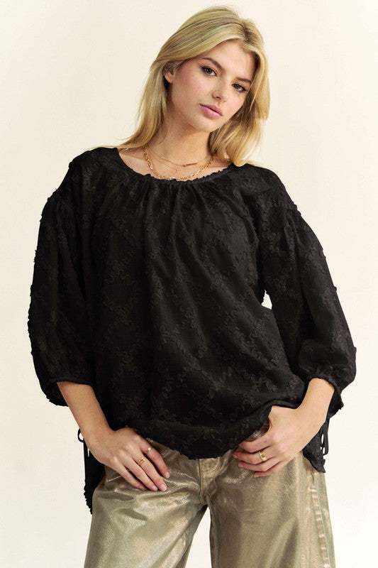 Davi & Dani Tied Round Neck Mesh Blouse-TOPS / DRESSES-[Adult]-[Female]-Black-S-2022 Online Blue Zone Planet