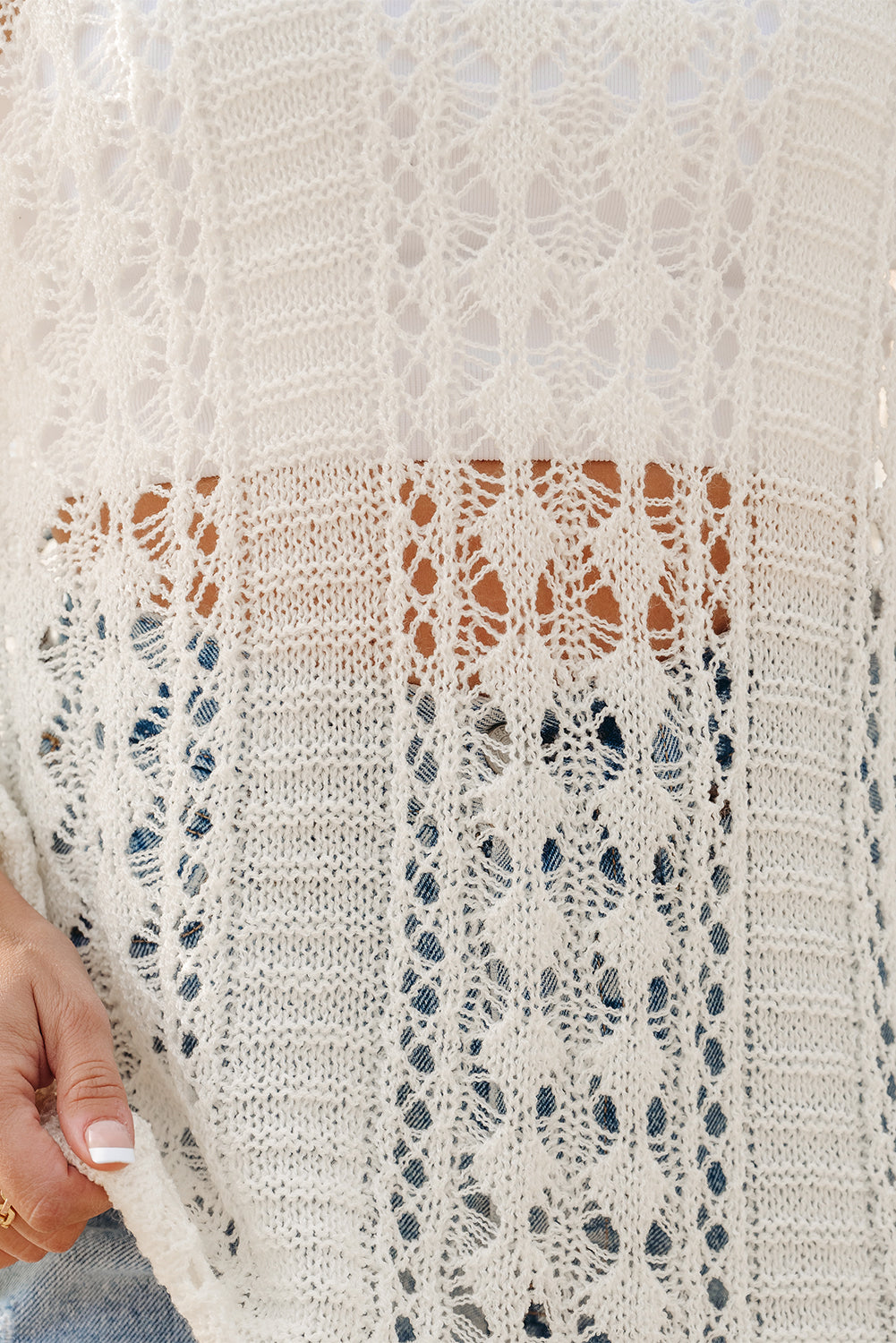 Blue Zone Planet | White Hollow Out Knit Bracelet Sleeve Drop Shoulder Sweater-Sweaters & Cardigans/Sweaters-[Adult]-[Female]-2022 Online Blue Zone Planet