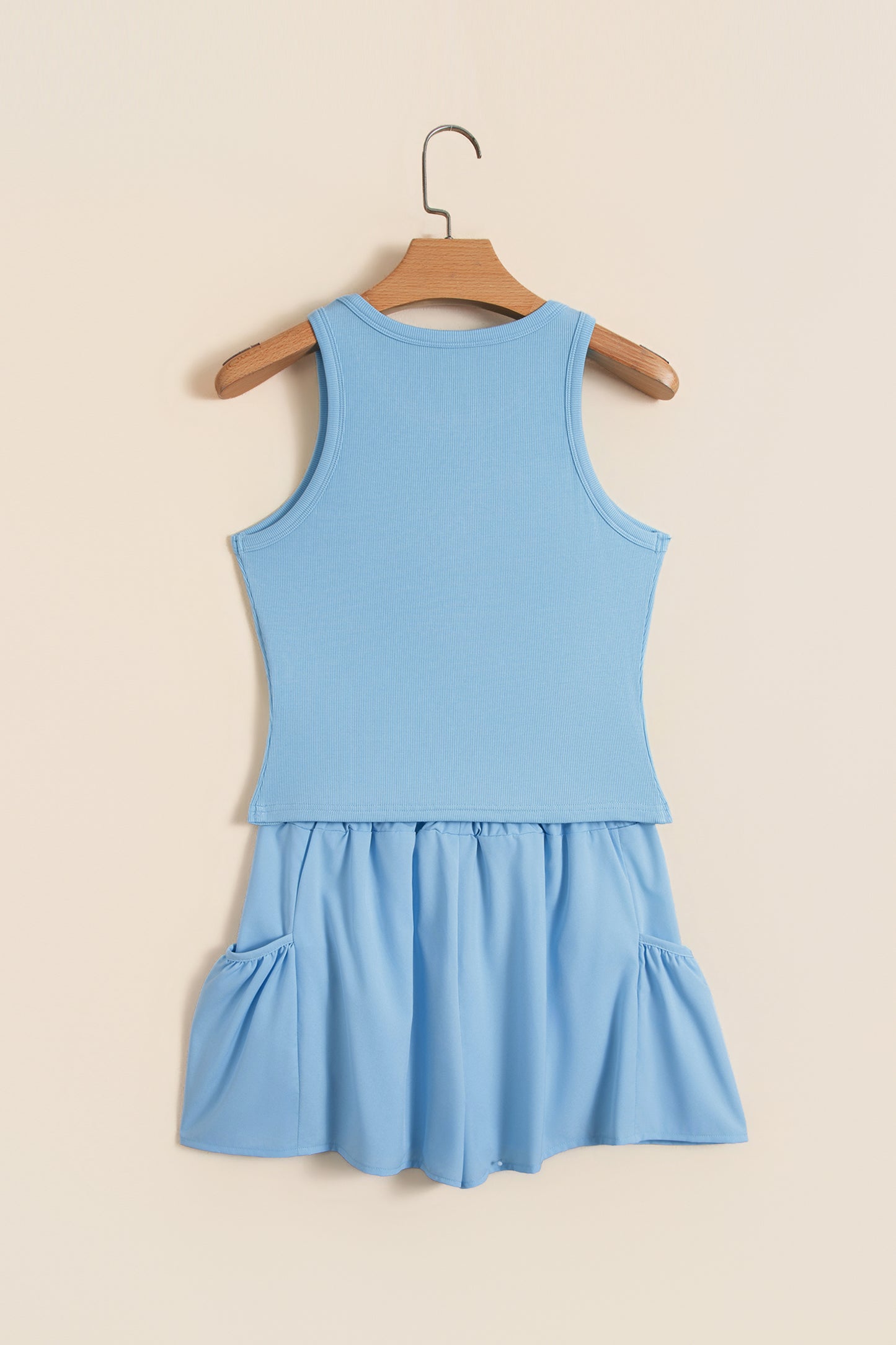Mist Blue Ribbed Slim Tank Pocketed Wide Leg Shorts Set-Two Piece Sets/Short Sets-[Adult]-[Female]-2022 Online Blue Zone Planet