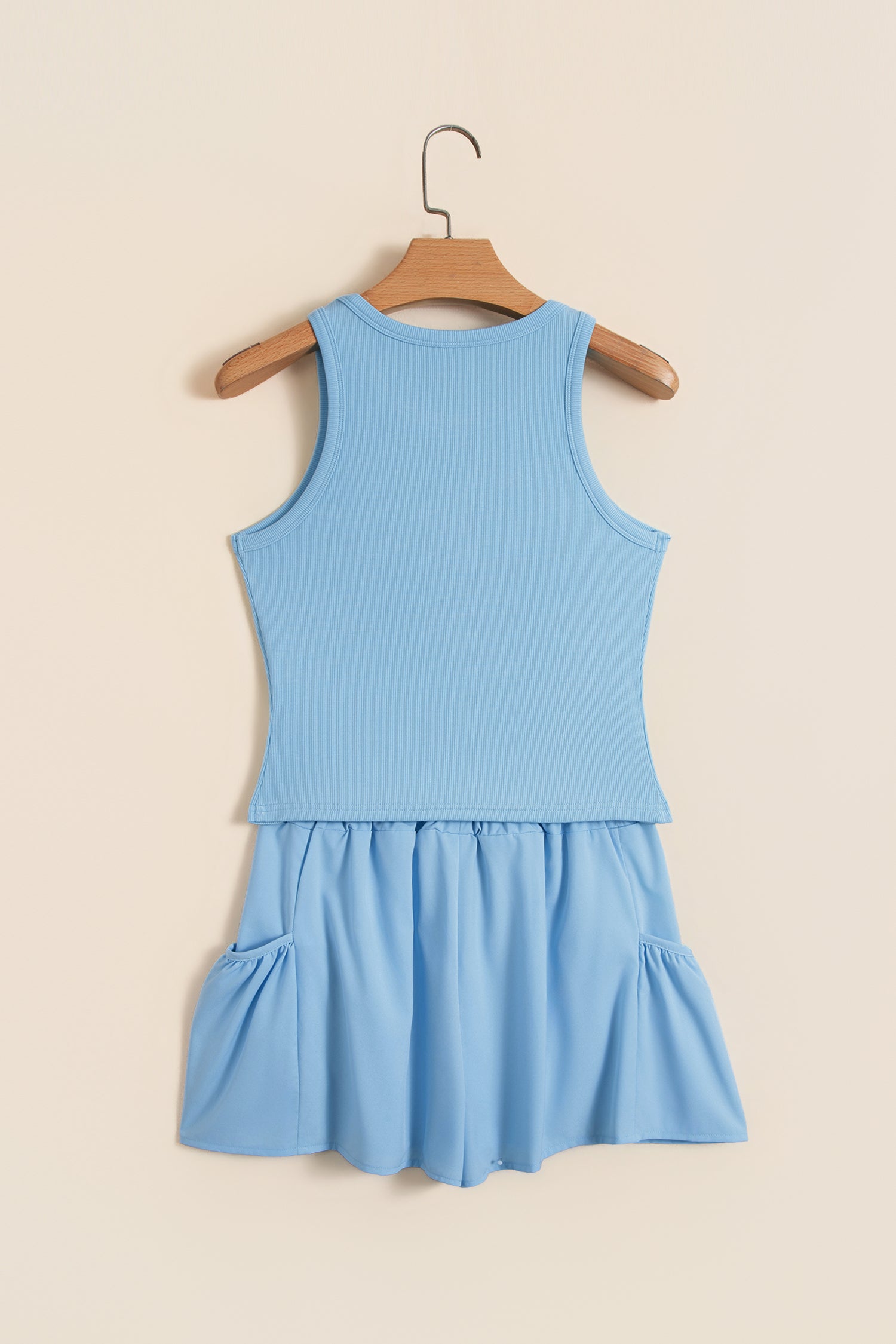 Mist Blue Ribbed Slim Tank Pocketed Wide Leg Shorts Set-Two Piece Sets/Short Sets-[Adult]-[Female]-2022 Online Blue Zone Planet