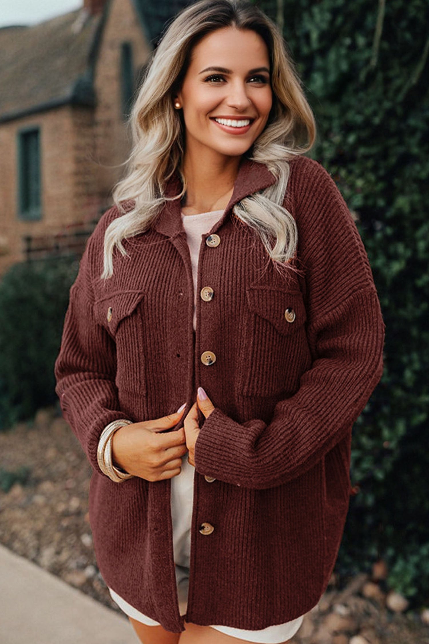 Red Sandalwood Ribbed Knit Buttons Front Flap Pocket Casual Shacket-Outerwear/Jackets-[Adult]-[Female]-2022 Online Blue Zone Planet