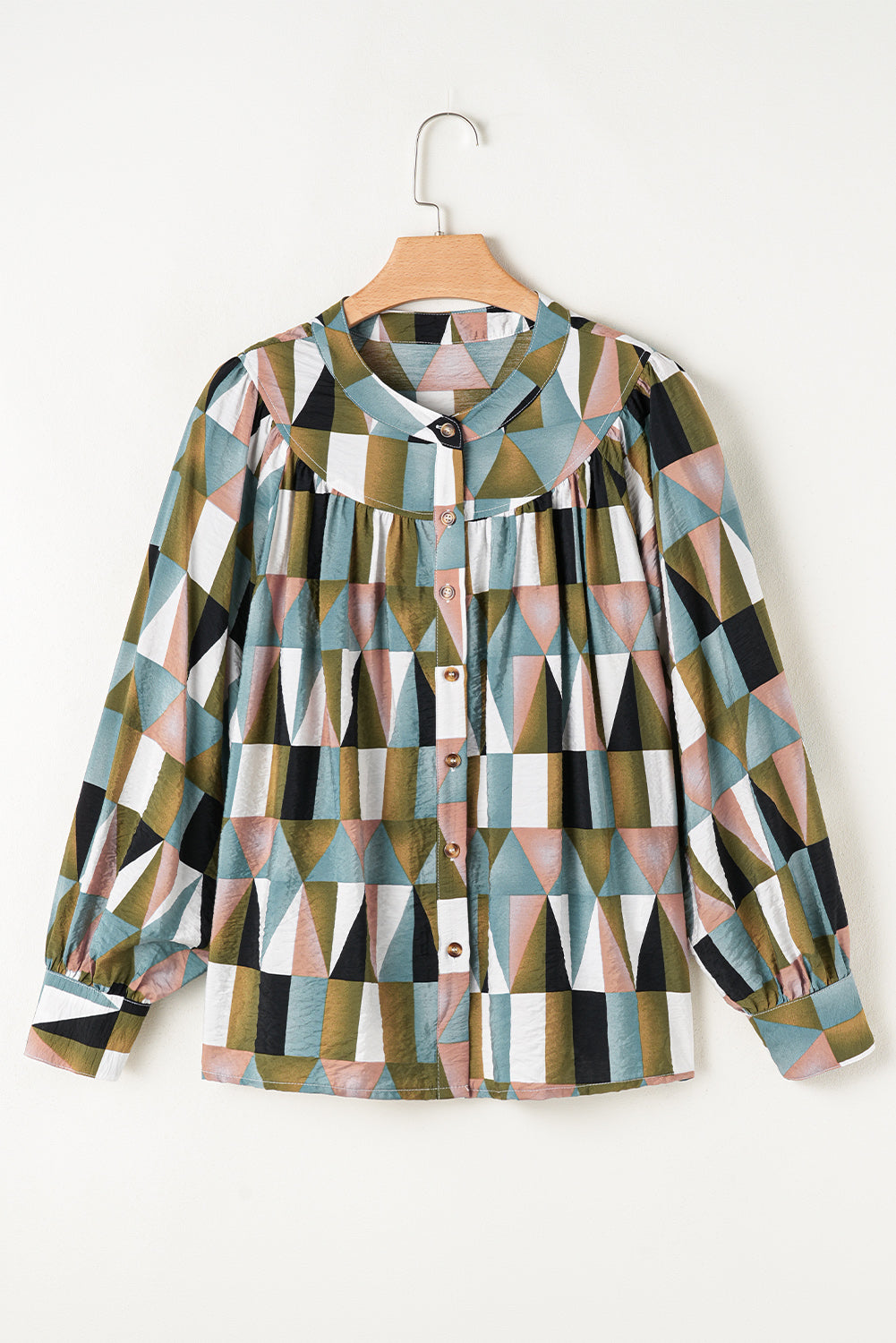 Blue Zone Planet | Green Geometric Print Buttoned Balloon Sleeve Loose Fit Shirt-Tops/Blouses & Shirts-[Adult]-[Female]-2022 Online Blue Zone Planet