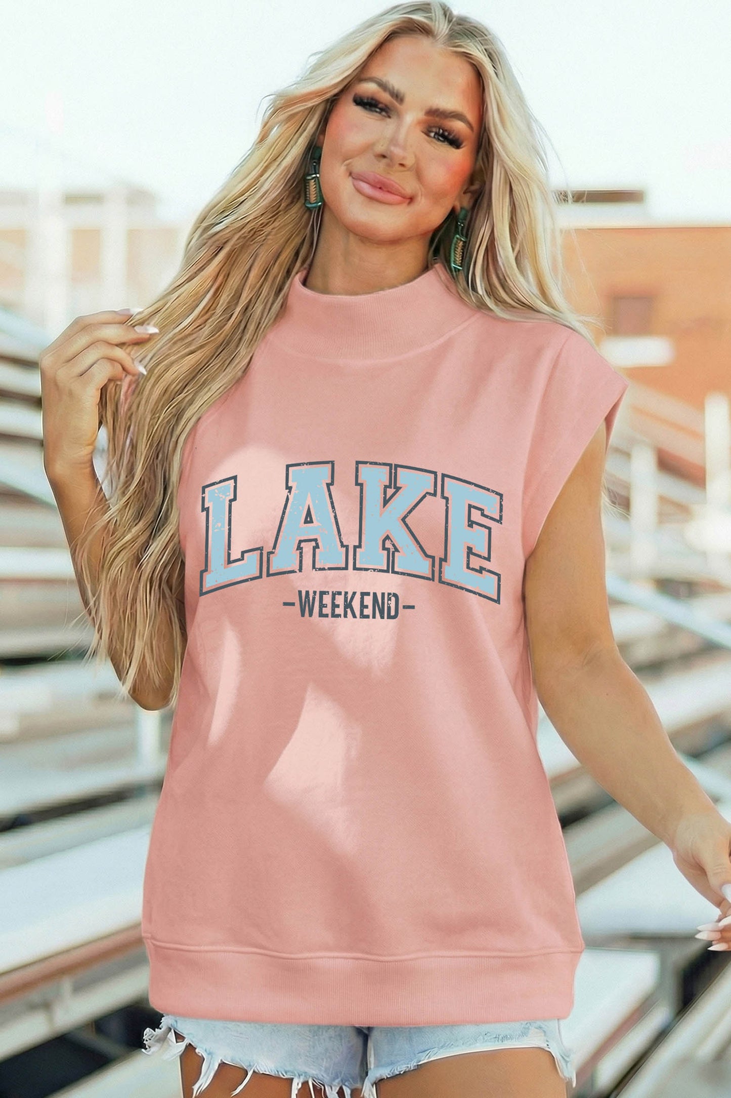Pink Lake Weekend Graphic High Neck Short Sleeve Top-Graphic/Graphic Tees-[Adult]-[Female]-2022 Online Blue Zone Planet