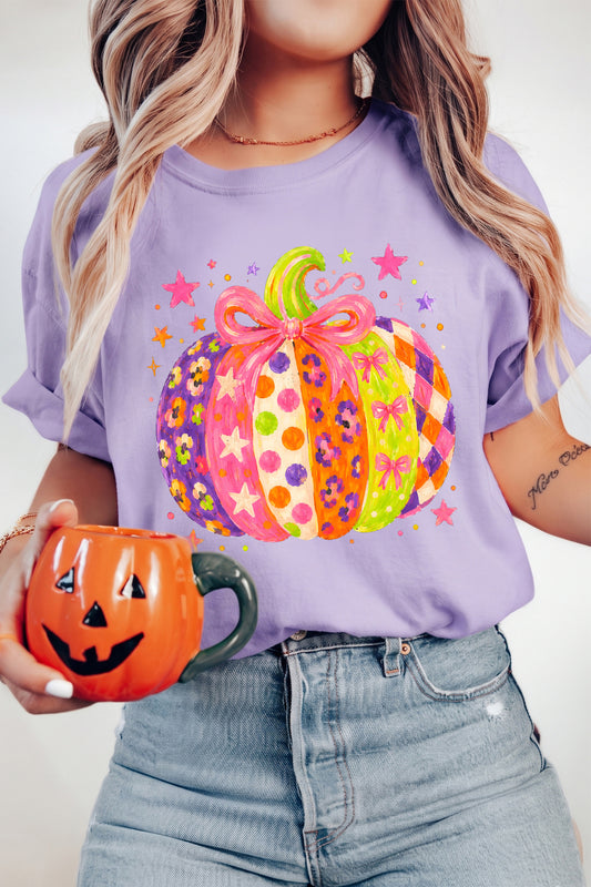 Orchid Petal Playful Pumpkin Printed Graphic T Shirt-Graphic/Graphic Tees-[Adult]-[Female]-Orchid Petal-S-2022 Online Blue Zone Planet
