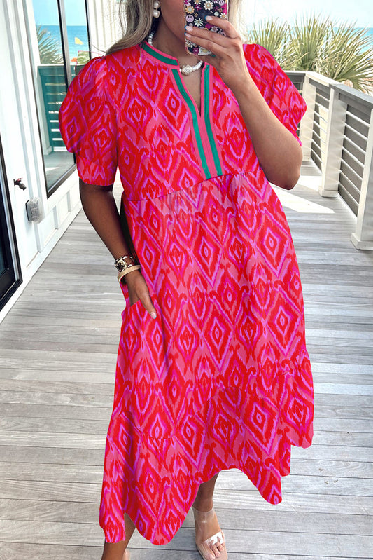Red Allover Print Contrast Split Neckline Short Puff Sleeve Curvy Dress-TOPS / DRESSES-[Adult]-[Female]-Red-1X-2022 Online Blue Zone Planet