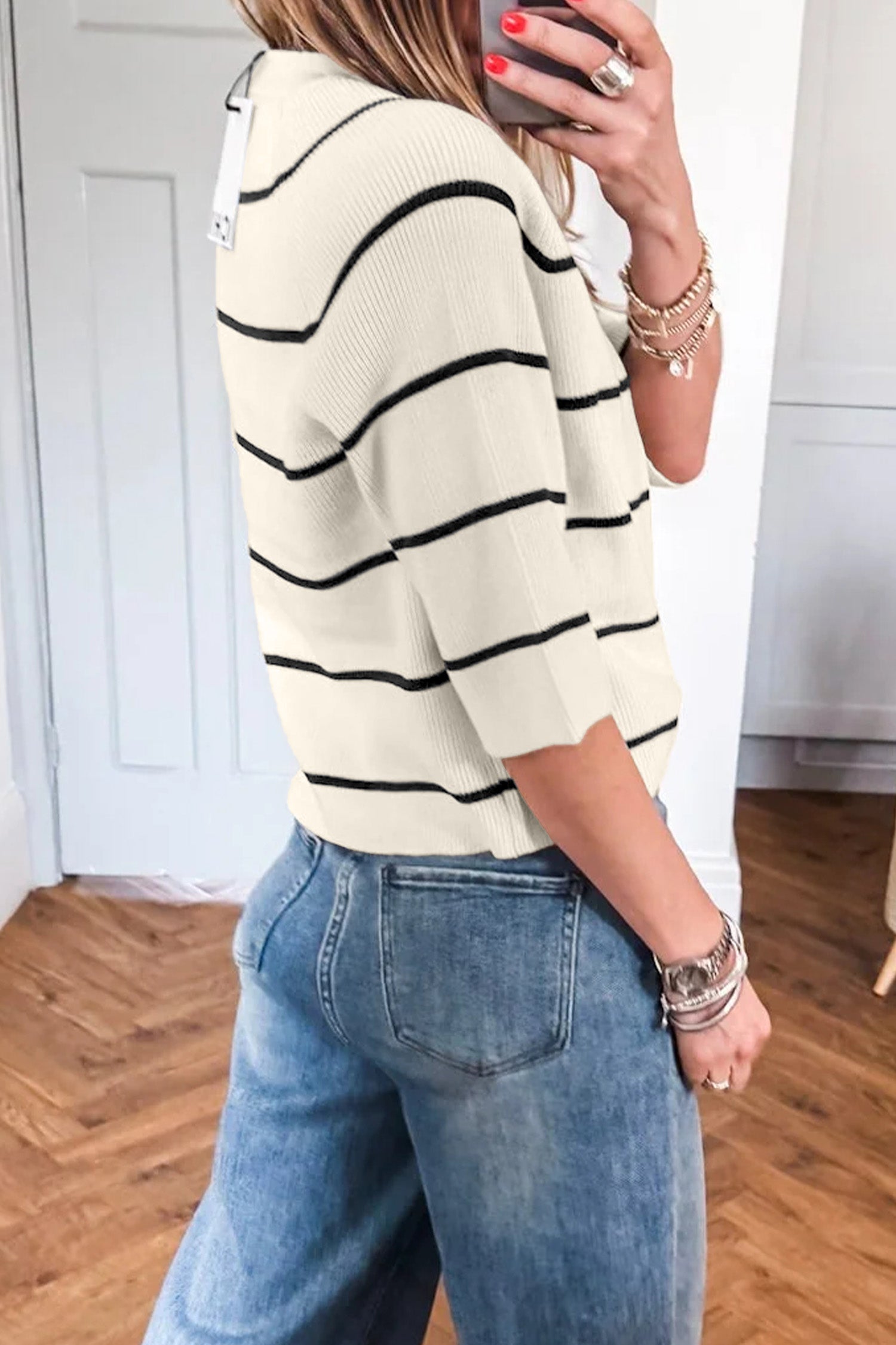 White Stripe Ribbed Knit Half Sleeve Loose Sweater Tee-Sweaters & Cardigans/Short Sleeve Sweaters-[Adult]-[Female]-2022 Online Blue Zone Planet