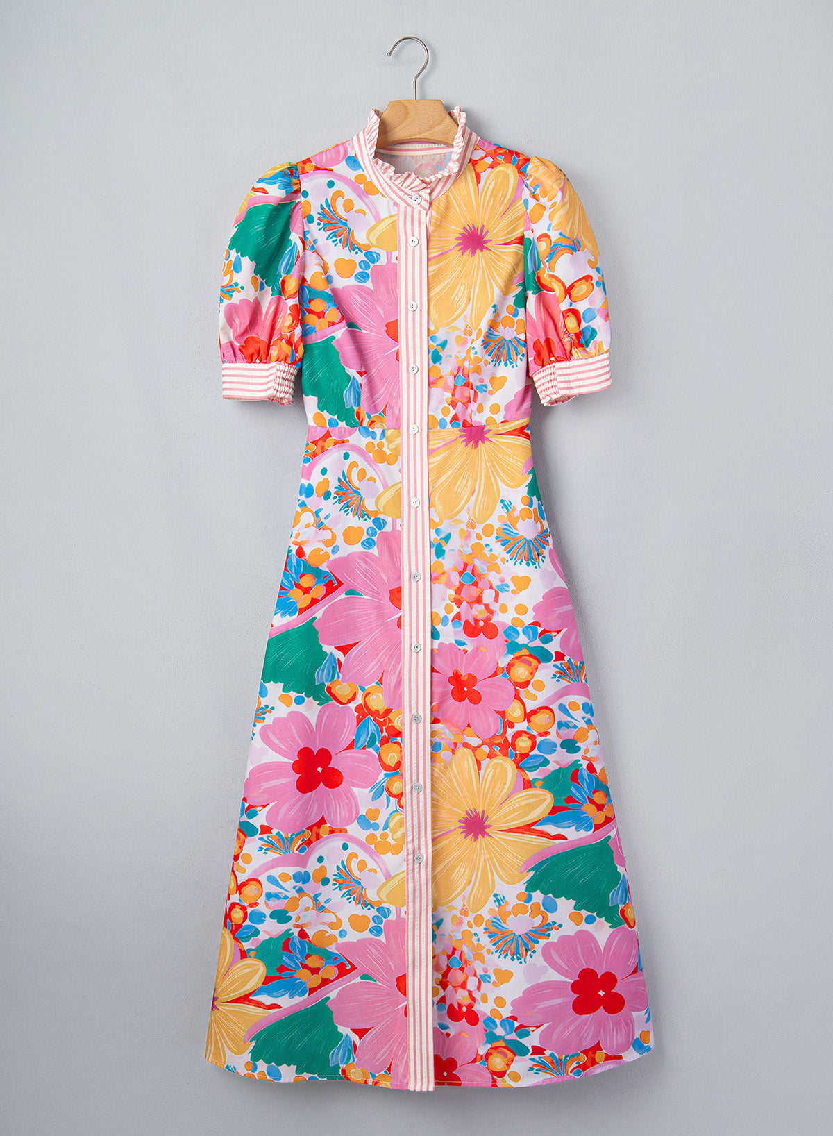Pink Floral Print Striped Trim Button Down Short Sleeve Vacation Dress-TOPS / DRESSES-[Adult]-[Female]-2022 Online Blue Zone Planet