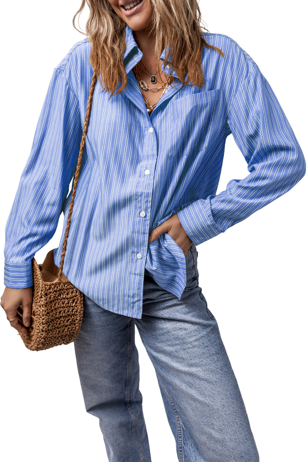 Striped Button Up Long Sleeve Shirt-TOPS / DRESSES-[Adult]-[Female]-2022 Online Blue Zone Planet