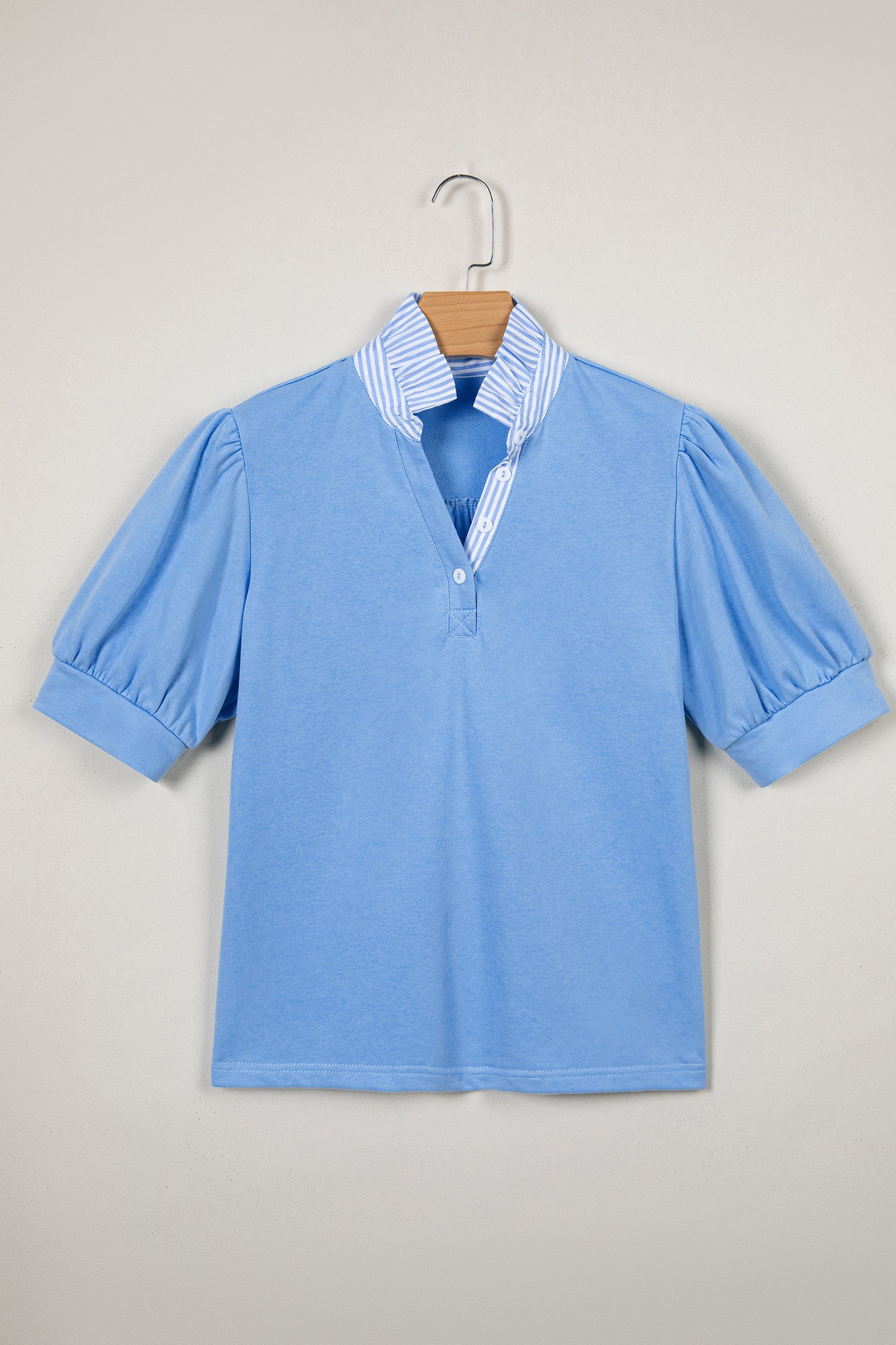 Sachet Pink Striped Frilled Collar Short Sleeve Blouse-Tops/Blouses & Shirts-[Adult]-[Female]-2022 Online Blue Zone Planet