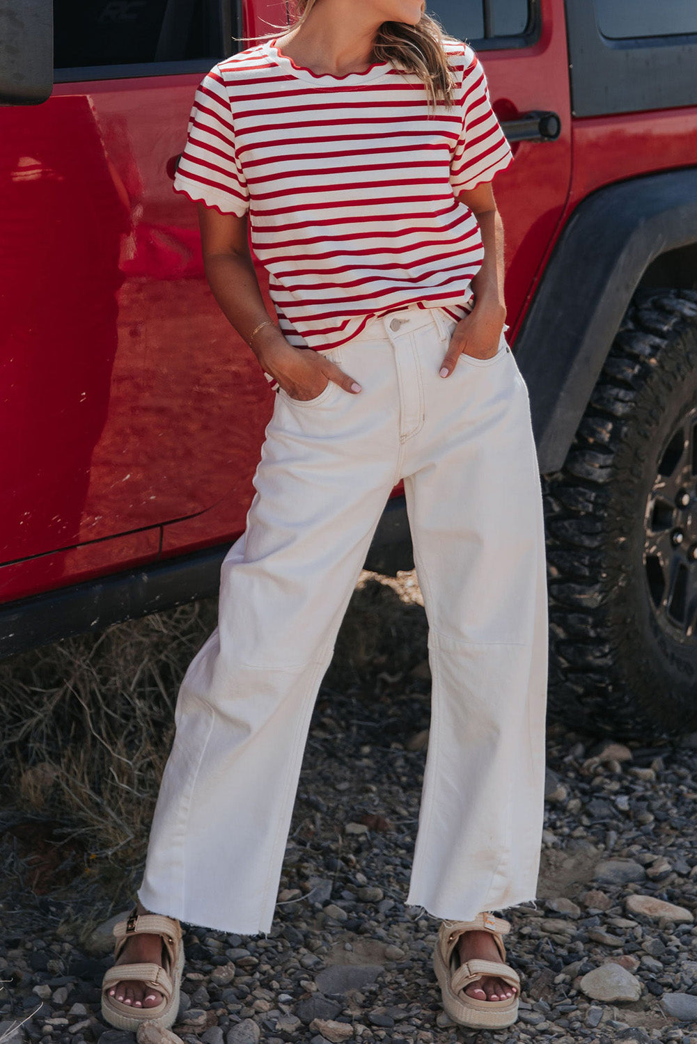 Red Stripe Scalloped Trim Round Neck T Shirt-Tops/Tops & Tees-[Adult]-[Female]-2022 Online Blue Zone Planet