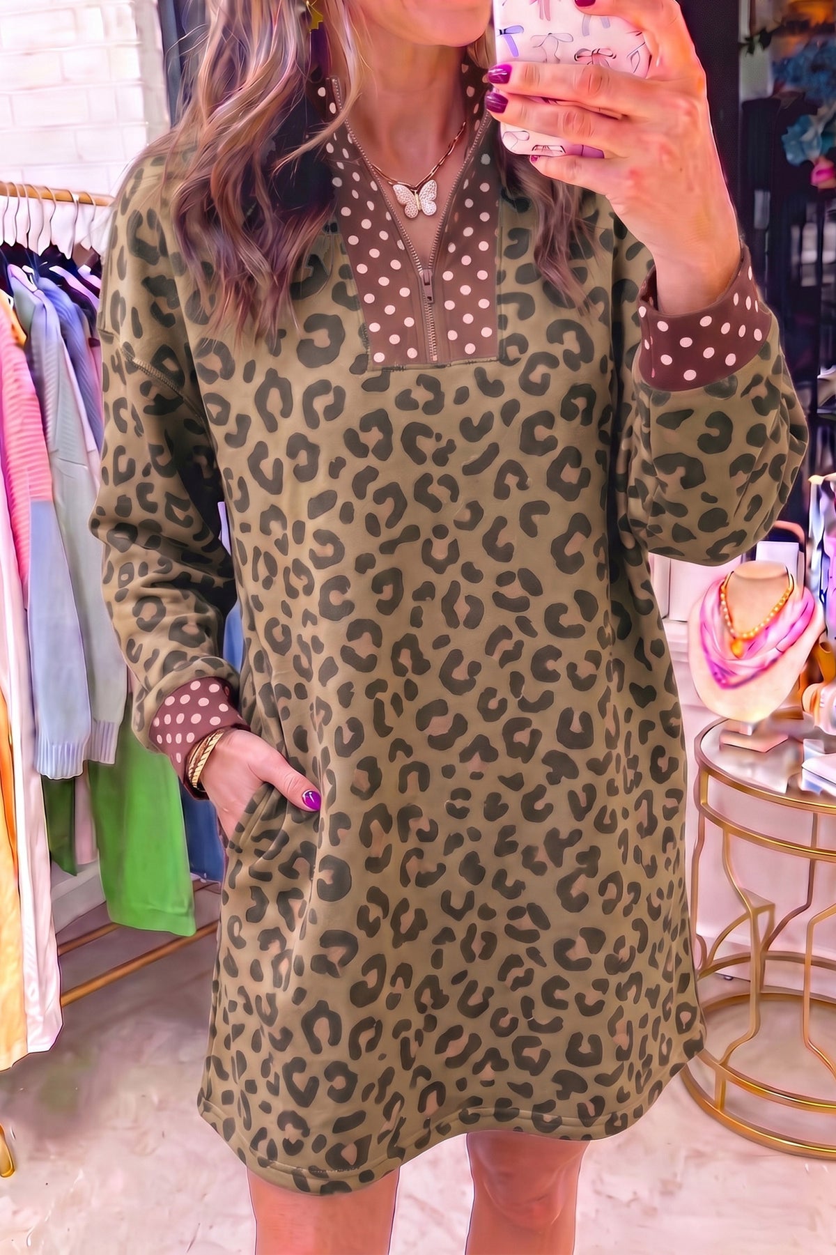Brown Leopard Polka Dot Patchwork Detail Zip Neck Long Sleeve Mini Dress-TOPS / DRESSES-[Adult]-[Female]-Brown-S-2022 Online Blue Zone Planet