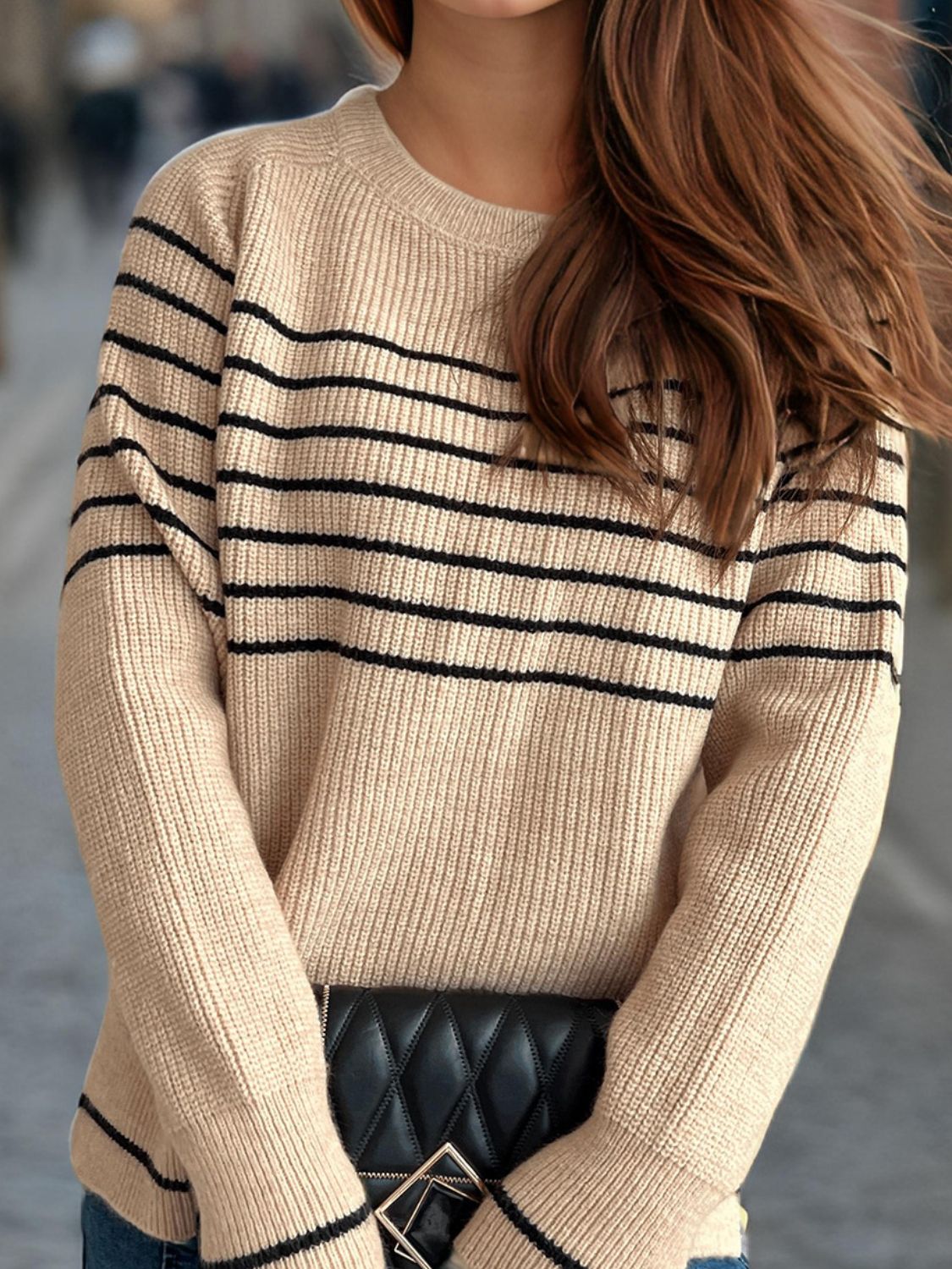 Striped Round Neck Long Sleeve Sweater-TOPS / DRESSES-[Adult]-[Female]-Tan-One Size-2022 Online Blue Zone Planet