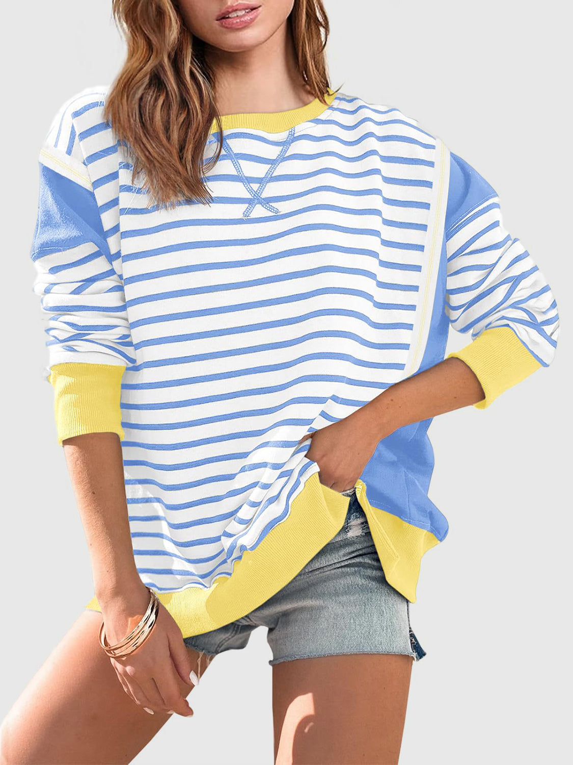 Slit Exposed Seam Striped Long Sleeve Sweatshirt-TOPS / DRESSES-[Adult]-[Female]-Yellow-S-2022 Online Blue Zone Planet