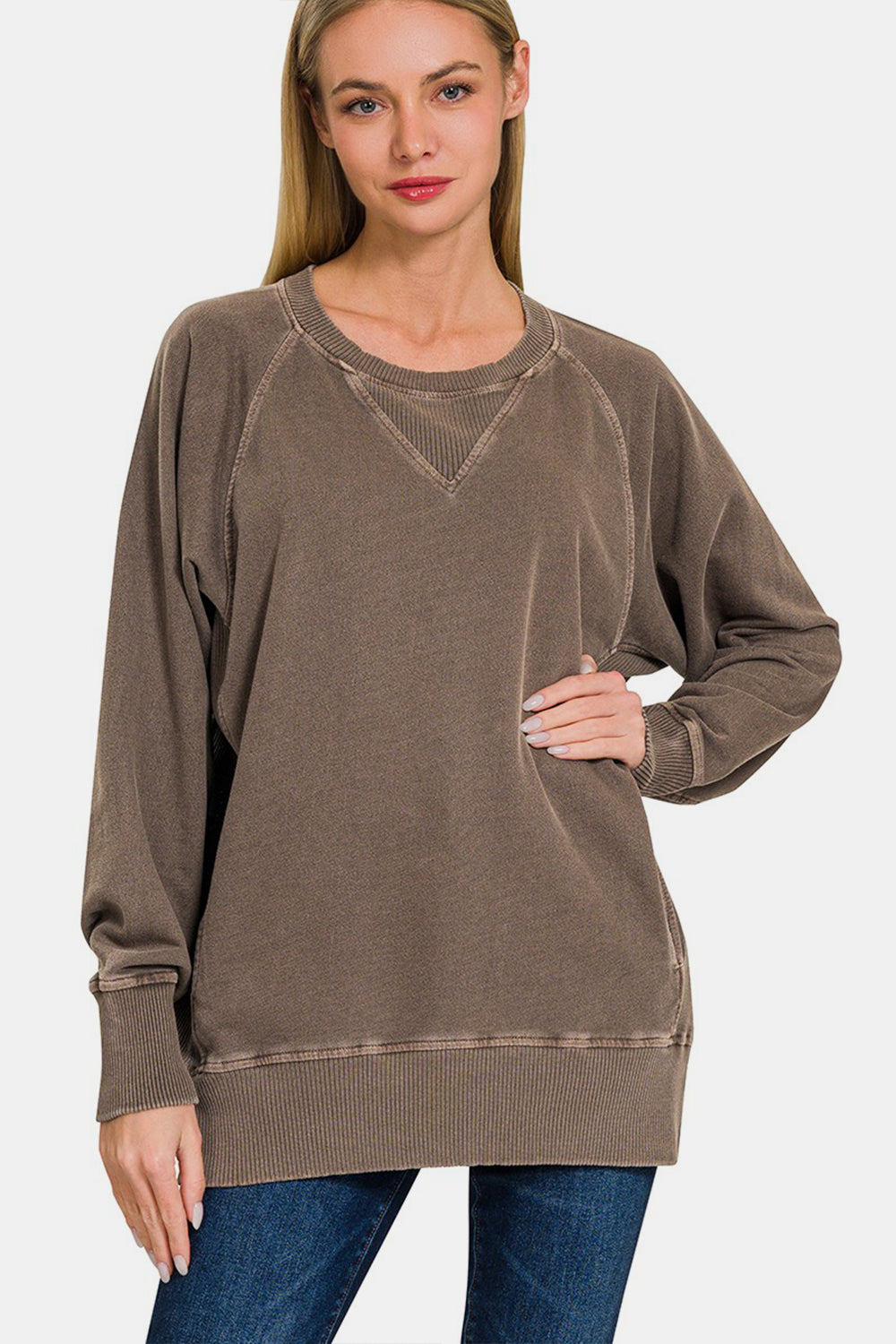 Blue Zone Planet | Zenana Round Neck Long Sleeve Sweatshirt-TOPS / DRESSES-[Adult]-[Female]-Brown-S-2022 Online Blue Zone Planet