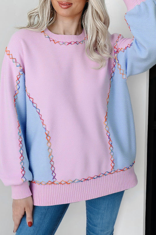Orchid Bouquet Rainbow Stitching Balloon Sleeve Relaxed Sweater-TOPS / DRESSES-[Adult]-[Female]-Orchid Bouquet-S-2022 Online Blue Zone Planet