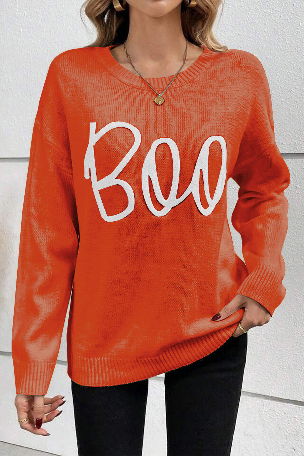 Blue Zone Planet | Orange Boo Knitted Pattern Ribbed Edge Drop Shoulder Sweater-Sweaters & Cardigans/Sweaters-[Adult]-[Female]-2022 Online Blue Zone Planet