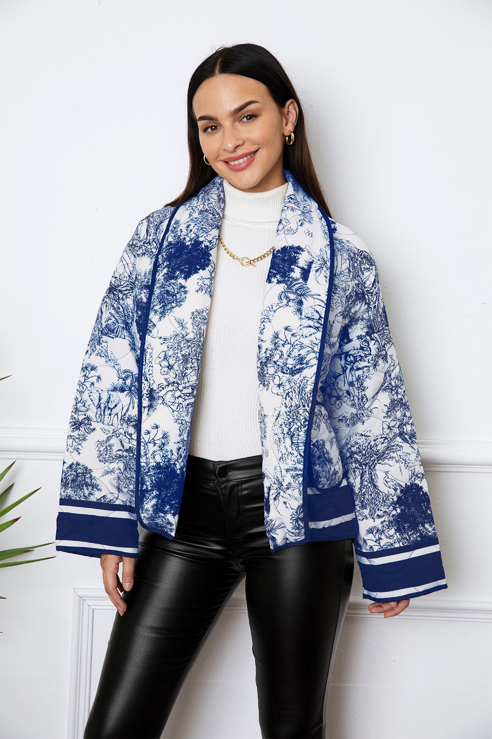 Printed Long Sleeve Winter Coat with Pockets BLUE ZONE PLANET