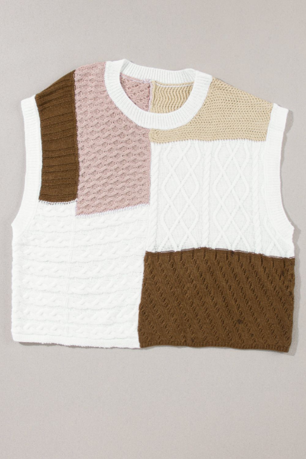 Cable-Knit Color Block Round Neck Sweater Vest-TOPS / DRESSES-[Adult]-[Female]-2022 Online Blue Zone Planet