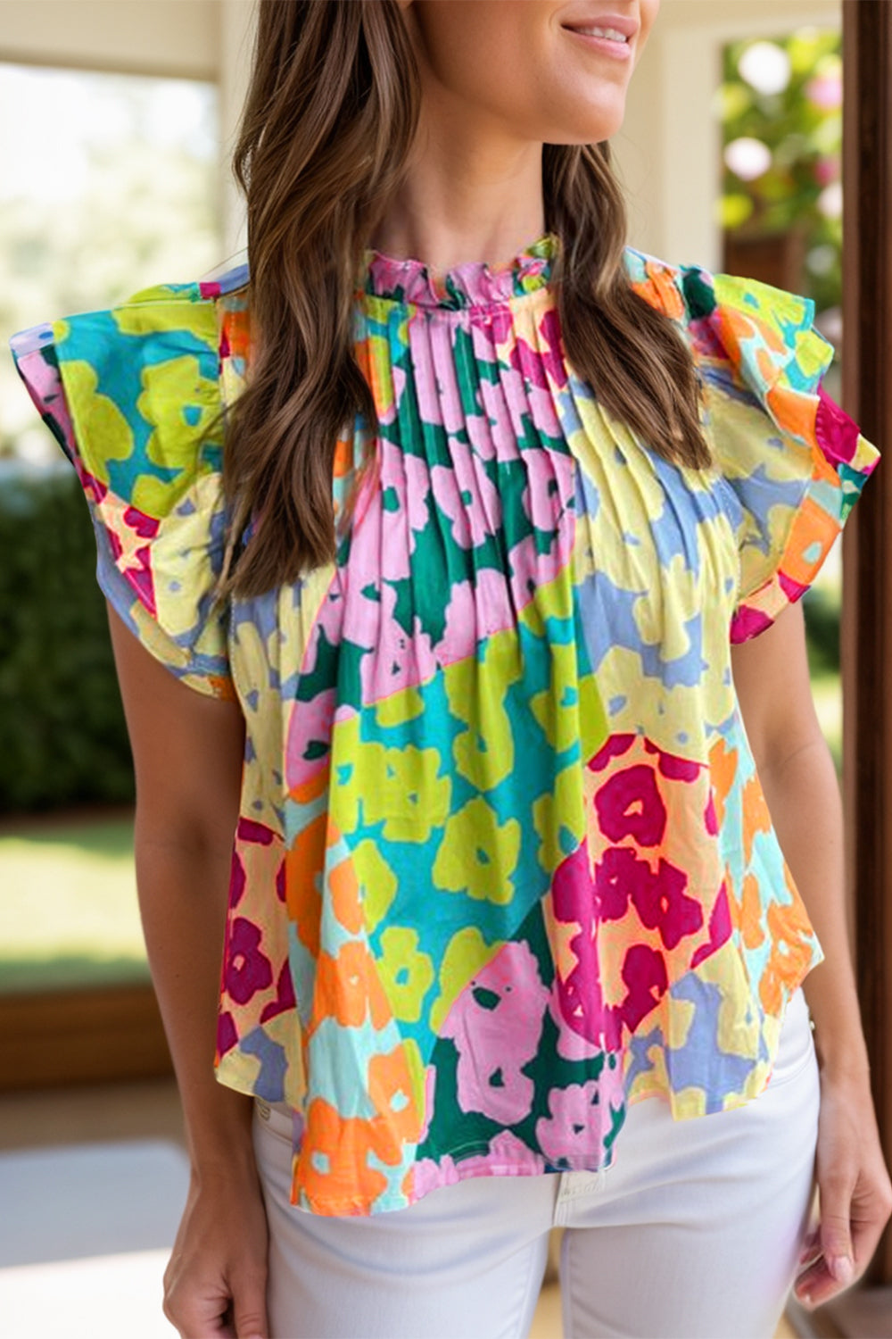 Ruffled Printed Mock Neck Cap Sleeve Blouse-TOPS / DRESSES-[Adult]-[Female]-Floral-S-2022 Online Blue Zone Planet