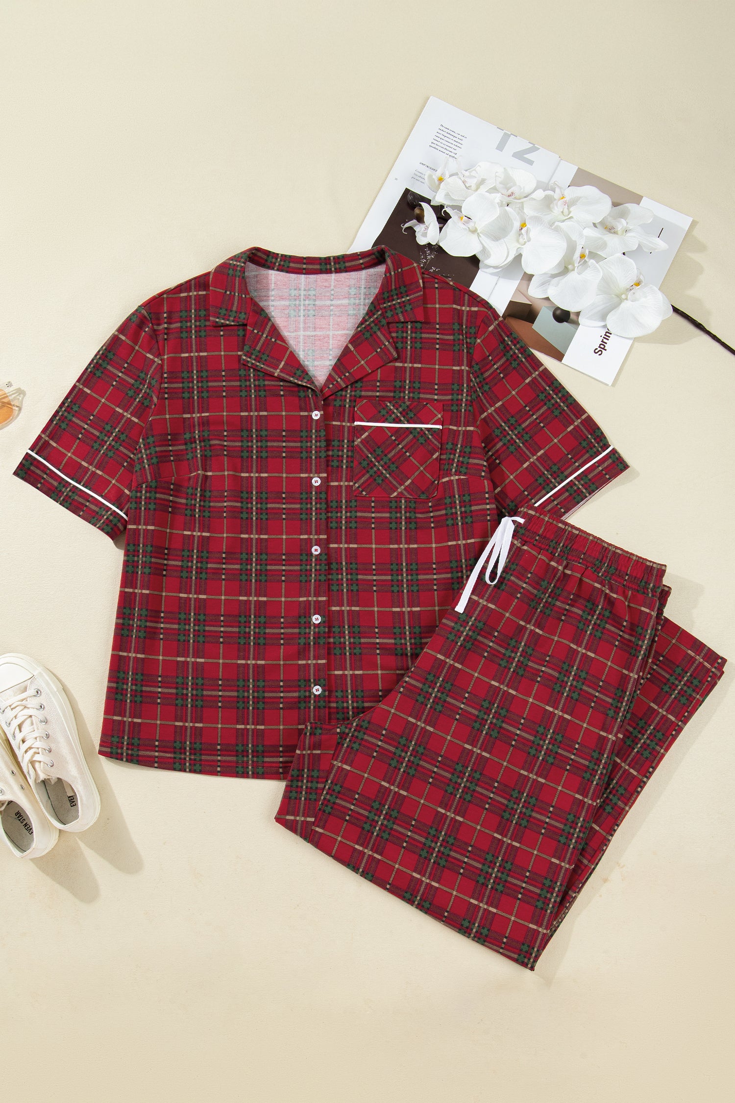 Red Plus Size Plaid Short Sleeve Shirt Loose Pants 2pcs Pajama Set-Plus Size/Plus Size Loungewear-[Adult]-[Female]-2022 Online Blue Zone Planet