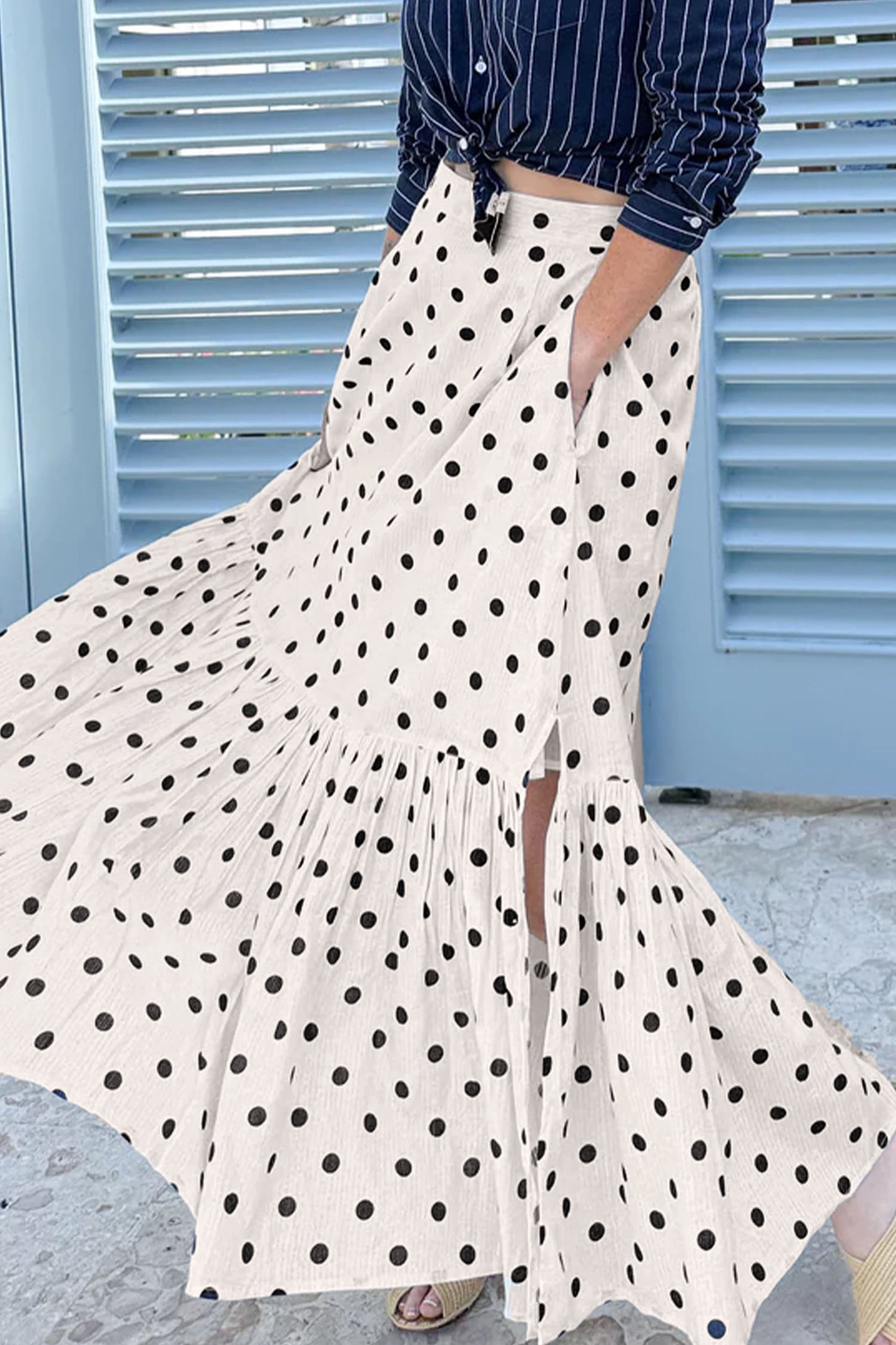 White Polka Dot Ruffled Slit Maxi Skirt-Bottoms/Skirts & Petticoat-[Adult]-[Female]-2022 Online Blue Zone Planet