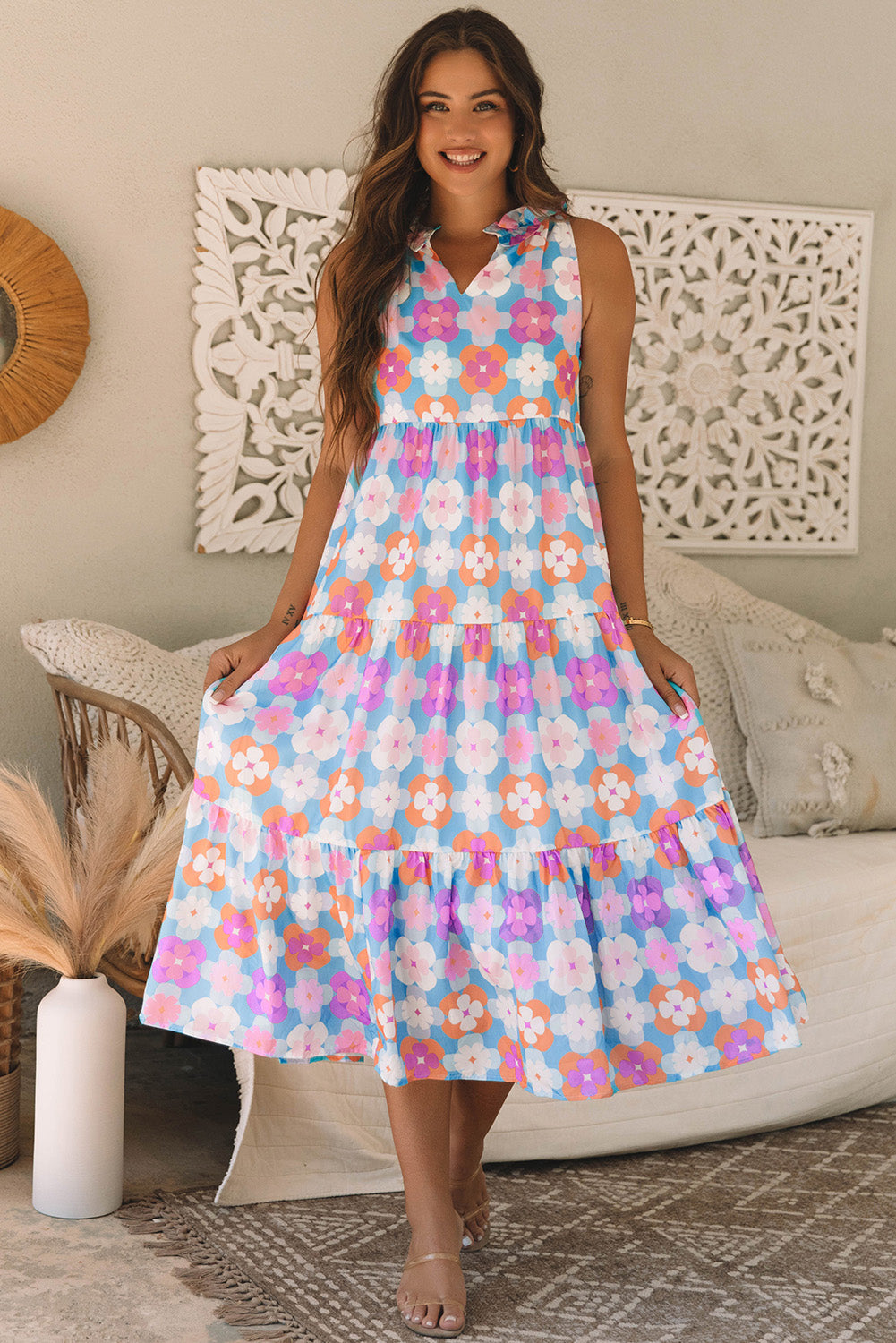 Sky Blue Floral Print Frilly Neck Sleeveless Tiered Maxi Dress-TOPS / DRESSES-[Adult]-[Female]-2022 Online Blue Zone Planet