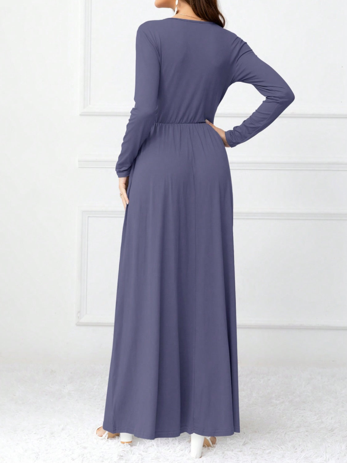 Pocketed Surplice Long Sleeve Maxi Dress-TOPS / DRESSES-[Adult]-[Female]-2022 Online Blue Zone Planet