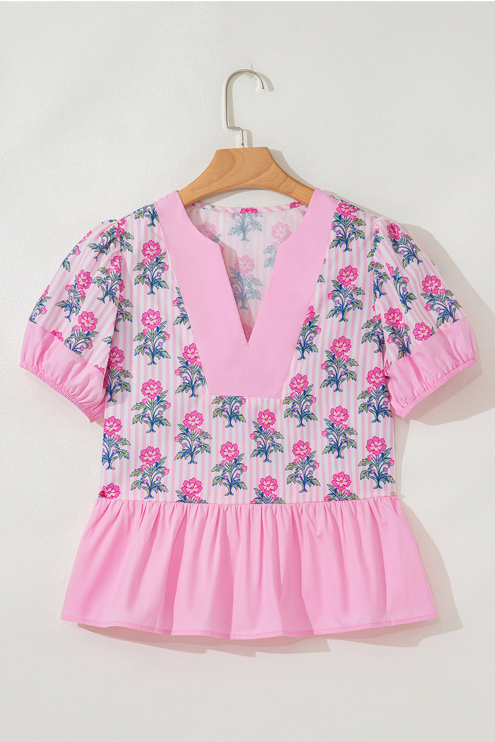 Rose Floral Striped Print Contrast Patchwork Ruffle Hem Blouse-Tops/Blouses & Shirts-[Adult]-[Female]-2022 Online Blue Zone Planet