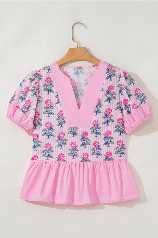 Rose Floral Striped Print Contrast Patchwork Ruffle Hem Blouse-Tops/Blouses & Shirts-[Adult]-[Female]-2022 Online Blue Zone Planet