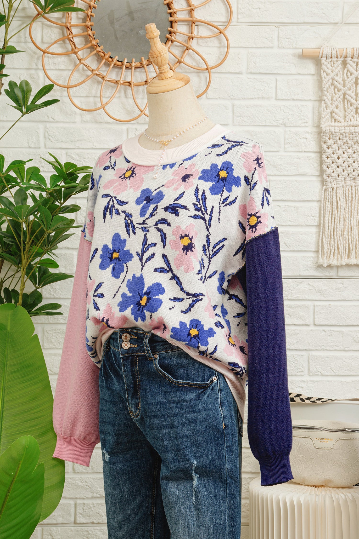 Khaki Floral Panel Colorblock Sleeve Patchwork Sweater-TOPS / DRESSES-[Adult]-[Female]-2022 Online Blue Zone Planet