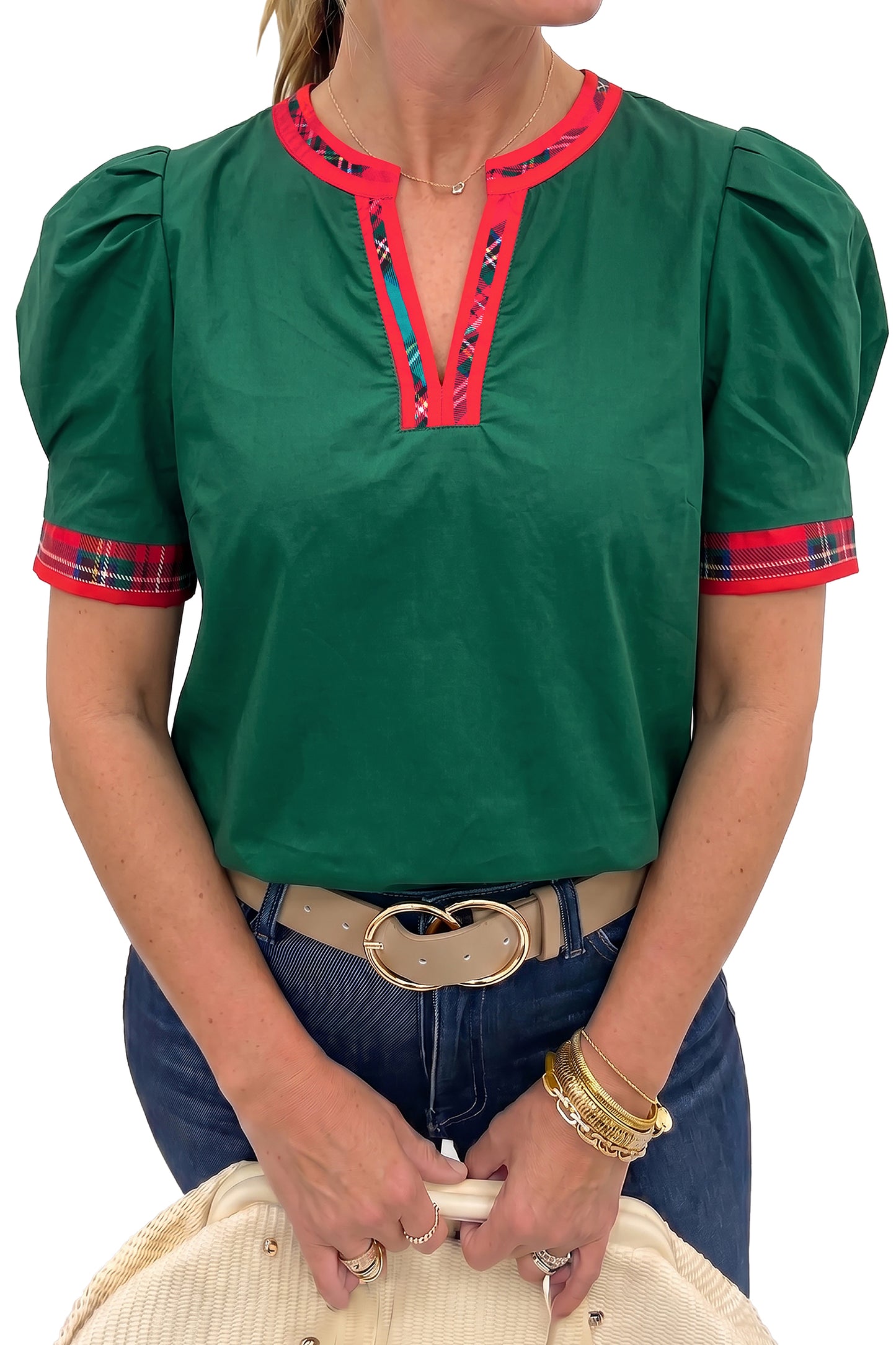Evergreen Plaid Trim V Neck Short Sleeve Shift Blouse-Tops/Blouses & Shirts-[Adult]-[Female]-2022 Online Blue Zone Planet