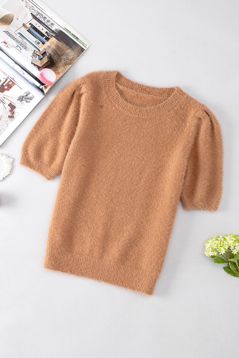 Fuzzy Round Neck Half Sleeve Sweater-TOPS / DRESSES-[Adult]-[Female]-2022 Online Blue Zone Planet