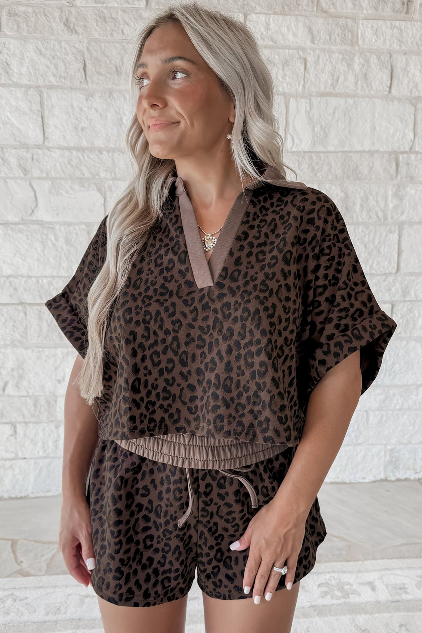 Brown V Neck Collar Leopard Printed 2pcs Short Set-Two Piece Sets/Short Sets-[Adult]-[Female]-2022 Online Blue Zone Planet