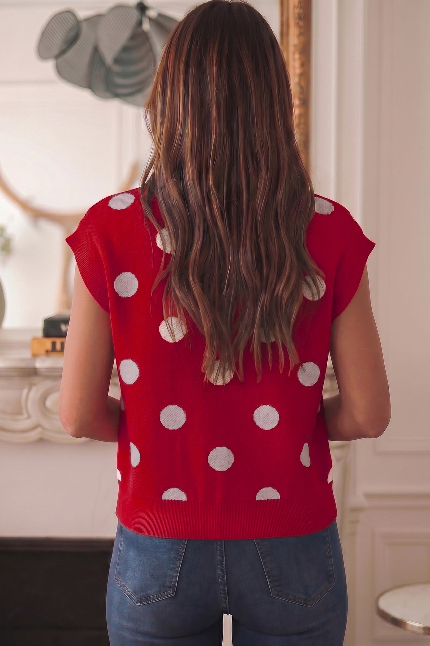 Red Relaxed Polka Dot Print Decorated Button Sweater Vest-TOPS / DRESSES-[Adult]-[Female]-2022 Online Blue Zone Planet