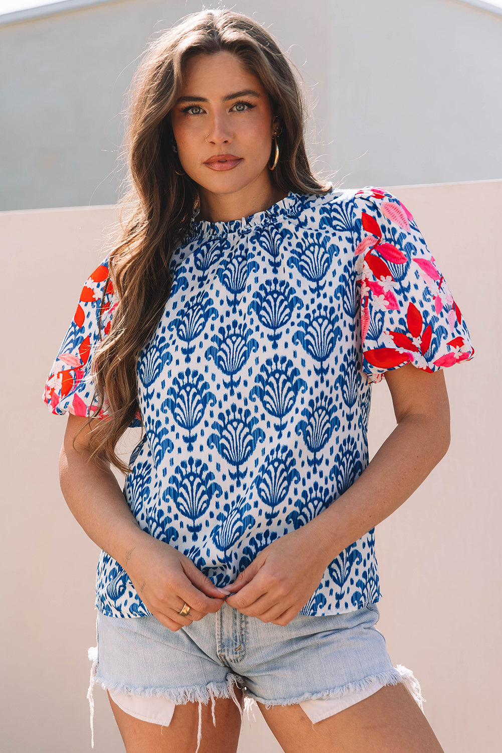 Blue Western Fashion Print Floral Puff Sleeve Frilled Neck Blouse-Tops/Blouses & Shirts-[Adult]-[Female]-2022 Online Blue Zone Planet