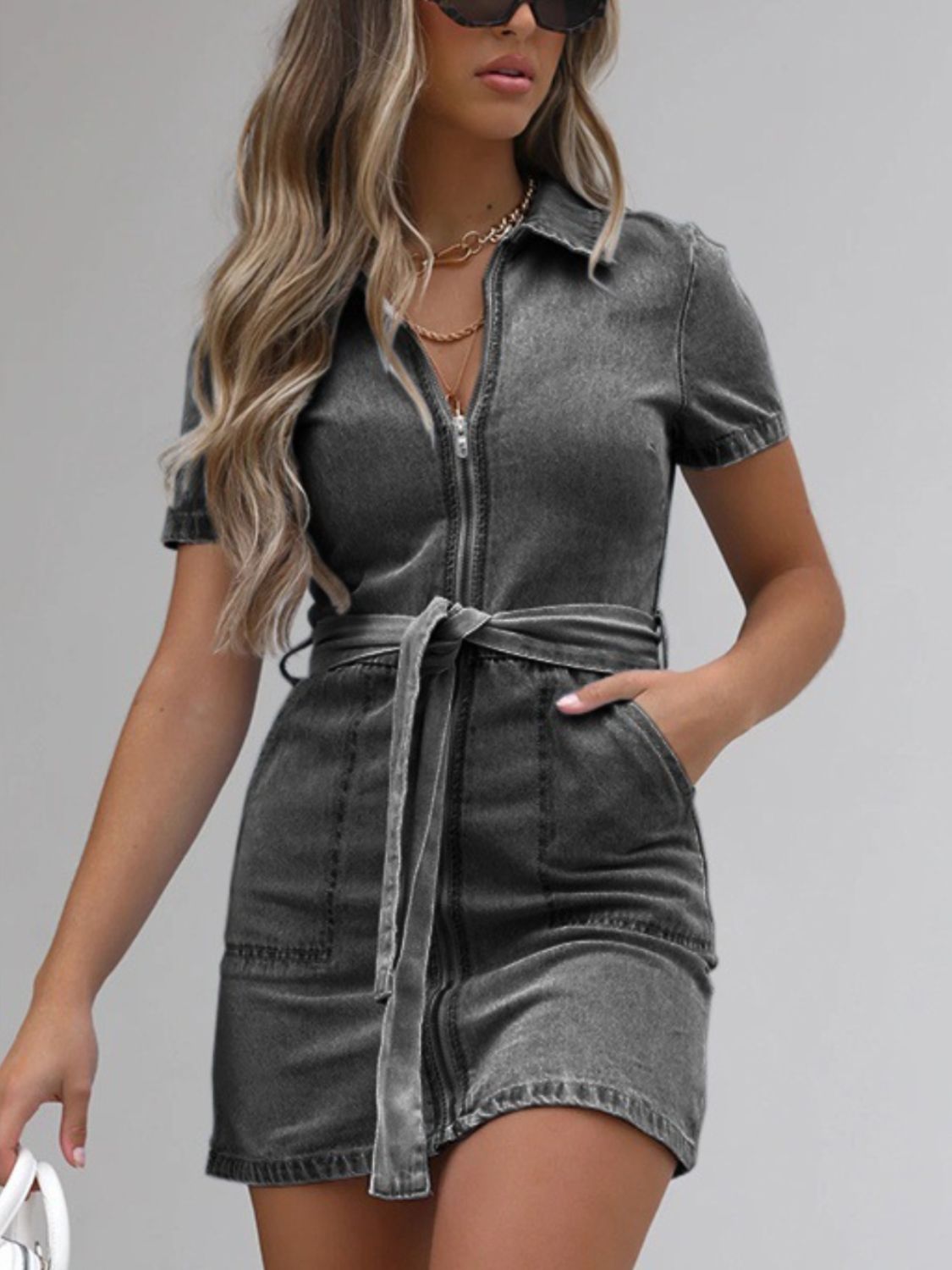 short sleeve denim dress plus size Full Size Button-Front Short Sleeve Denim Dress Plus Size Dark Blue / XL by Blue Zone Planet