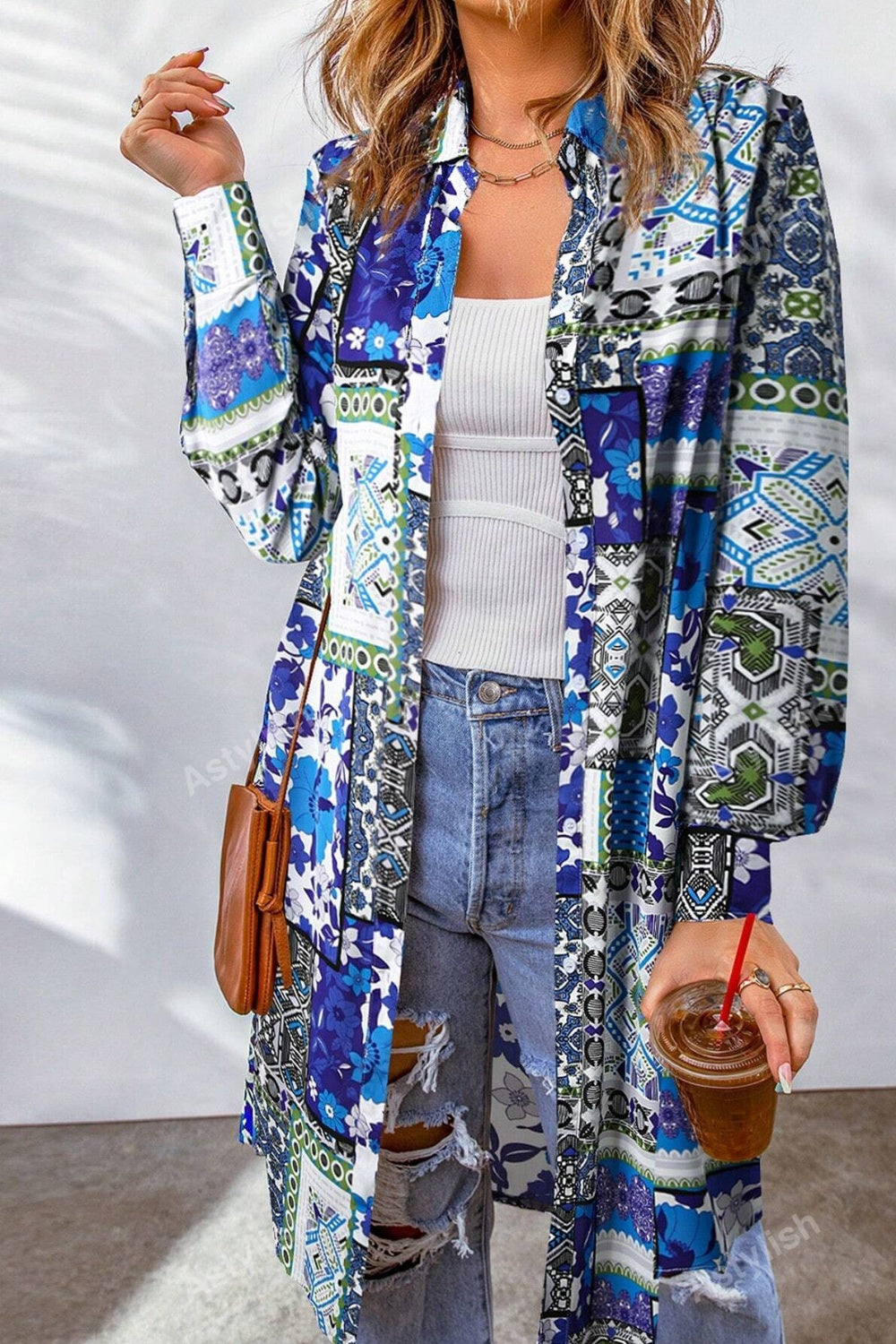 Printed Button Up Long Sleeve Cardigan-TOPS / DRESSES-[Adult]-[Female]-Royal Blue-S-2022 Online Blue Zone Planet