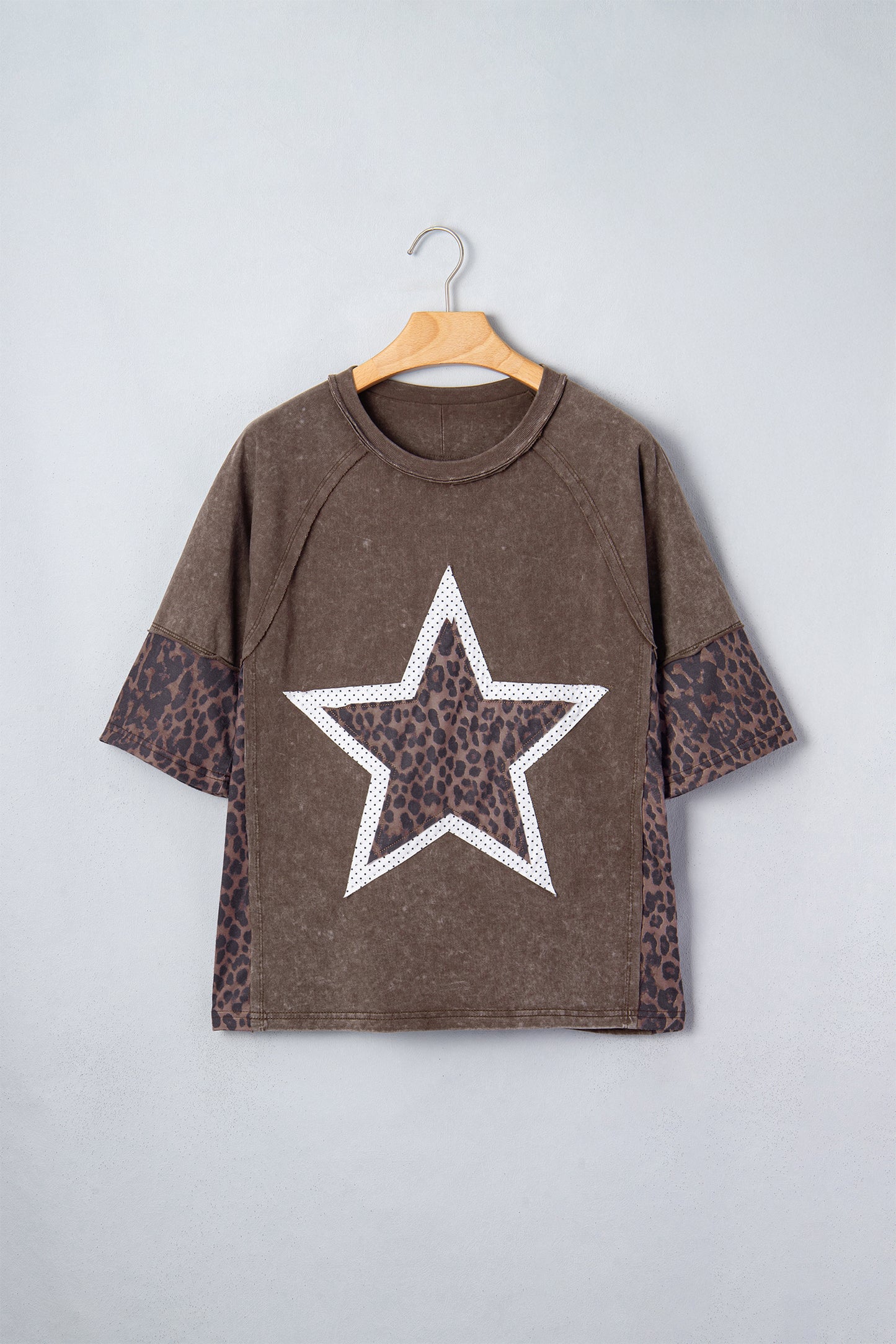 Coffee Mineral Wash Exposed Seam Leopard Star Patched T Shirt-Tops/Tops & Tees-[Adult]-[Female]-2022 Online Blue Zone Planet