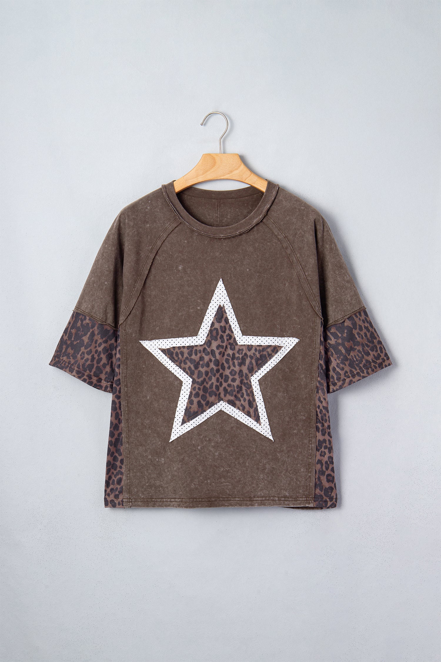 Coffee Mineral Wash Exposed Seam Leopard Star Patched T Shirt-Tops/Tops & Tees-[Adult]-[Female]-2022 Online Blue Zone Planet