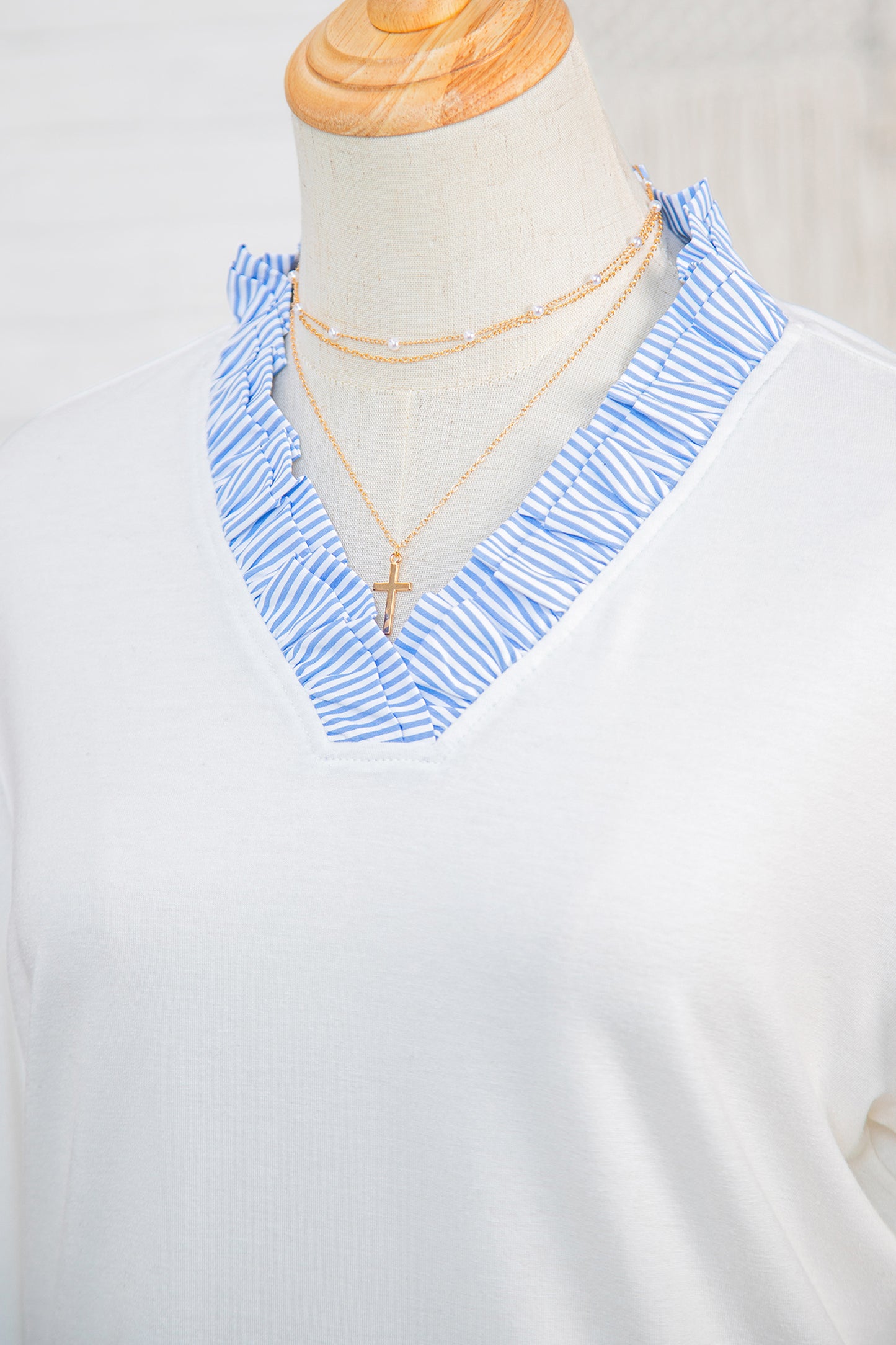 White Striped Patchwork V Neck 3/4 Sleeve Blouse-Tops/Blouses & Shirts-[Adult]-[Female]-2022 Online Blue Zone Planet