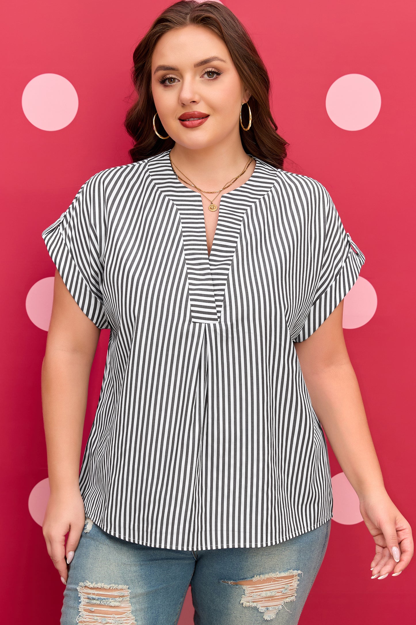 Black Stripe Plus Size V Neck Roll-Tab Short Dolman Sleeve Blouse-Plus Size/Plus Size Tops/Plus Size Blouses & Shirts-[Adult]-[Female]-2022 Online Blue Zone Planet