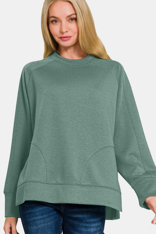 Blue Zone Planet | Zenana Scuba Round Neck Side Slit Sweatshirt-TOPS / DRESSES-[Adult]-[Female]-Ash Jade-S-2022 Online Blue Zone Planet