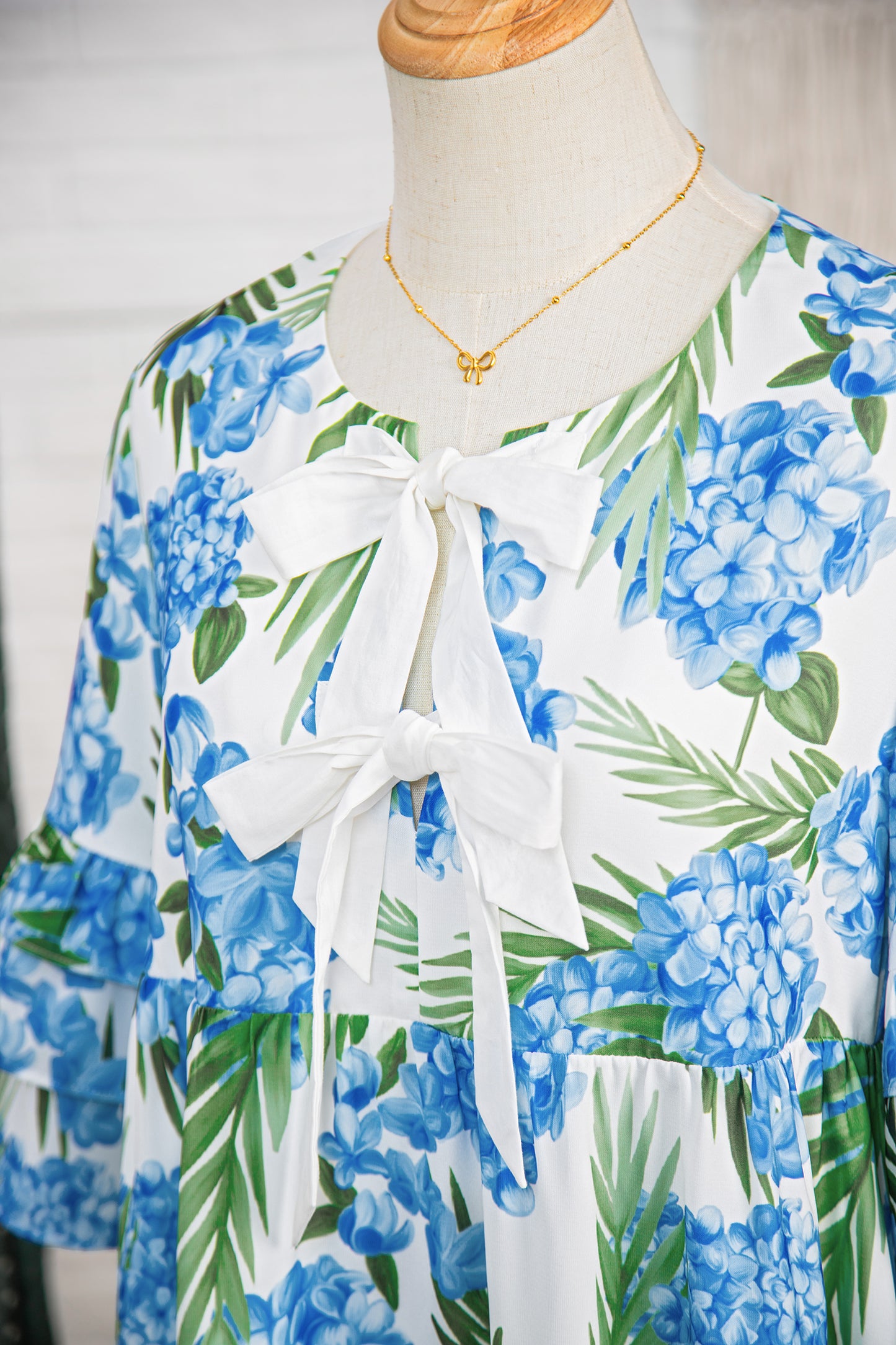 Sky Blue Palm Floral Print Contrast Ribbon Knot Ruffle Tiered Sleeve Mini Dress-Dresses/Floral Dresses-[Adult]-[Female]-2022 Online Blue Zone Planet